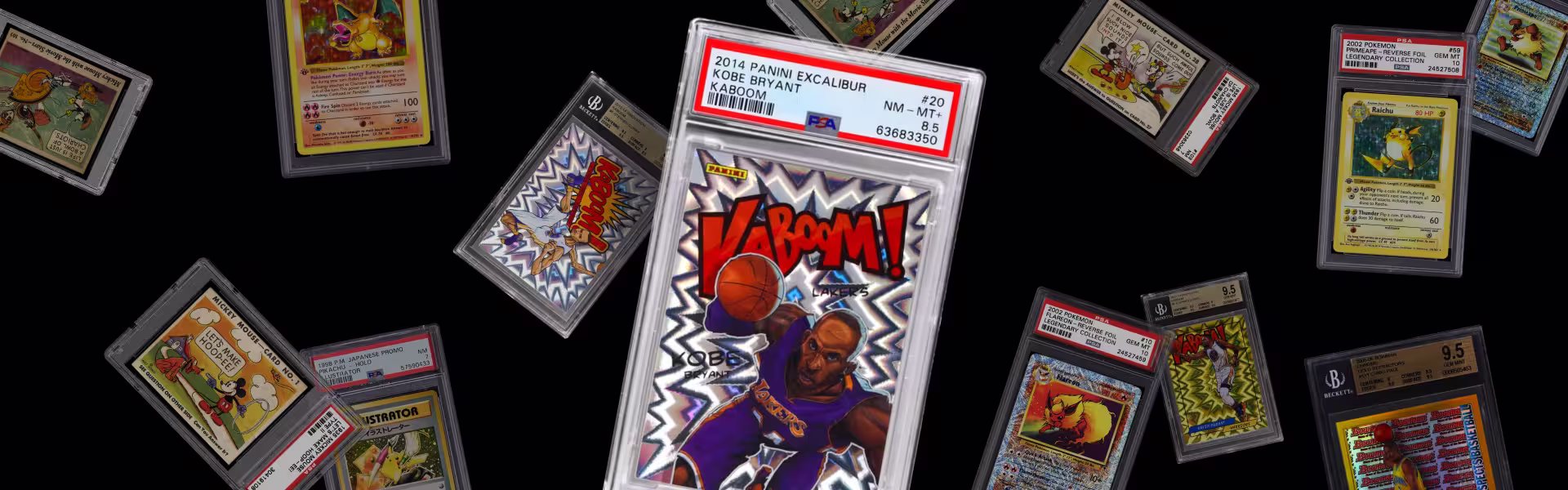 Collection of graded trading cards including Kobe Bryant Panini Excalibur Kaboom, Pokémon holographic cards, and vintage Mickey Mouse cards — digital marketplace and collectibles UX design inspiration