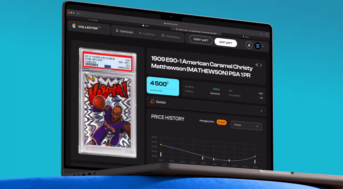 Digital collectibles marketplace dashboard showing Kobe Bryant Panini Excalibur Kaboom trading card with PSA grading, insurance value, and price history graph — sports cards NFT and collectible UX design interface