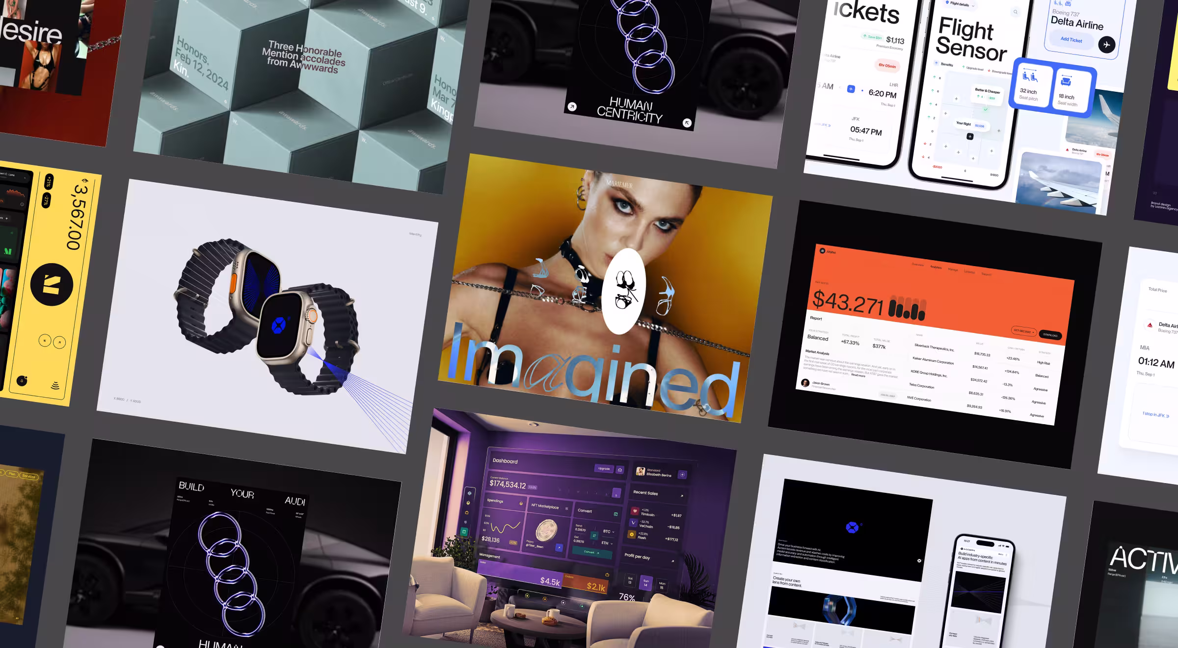 Creative UX/UI design portfolio showcasing digital product interfaces, 3D visuals, fashion website design, fintech dashboards, smartwatch renders, and mobile app mockups by Lazarev.agency