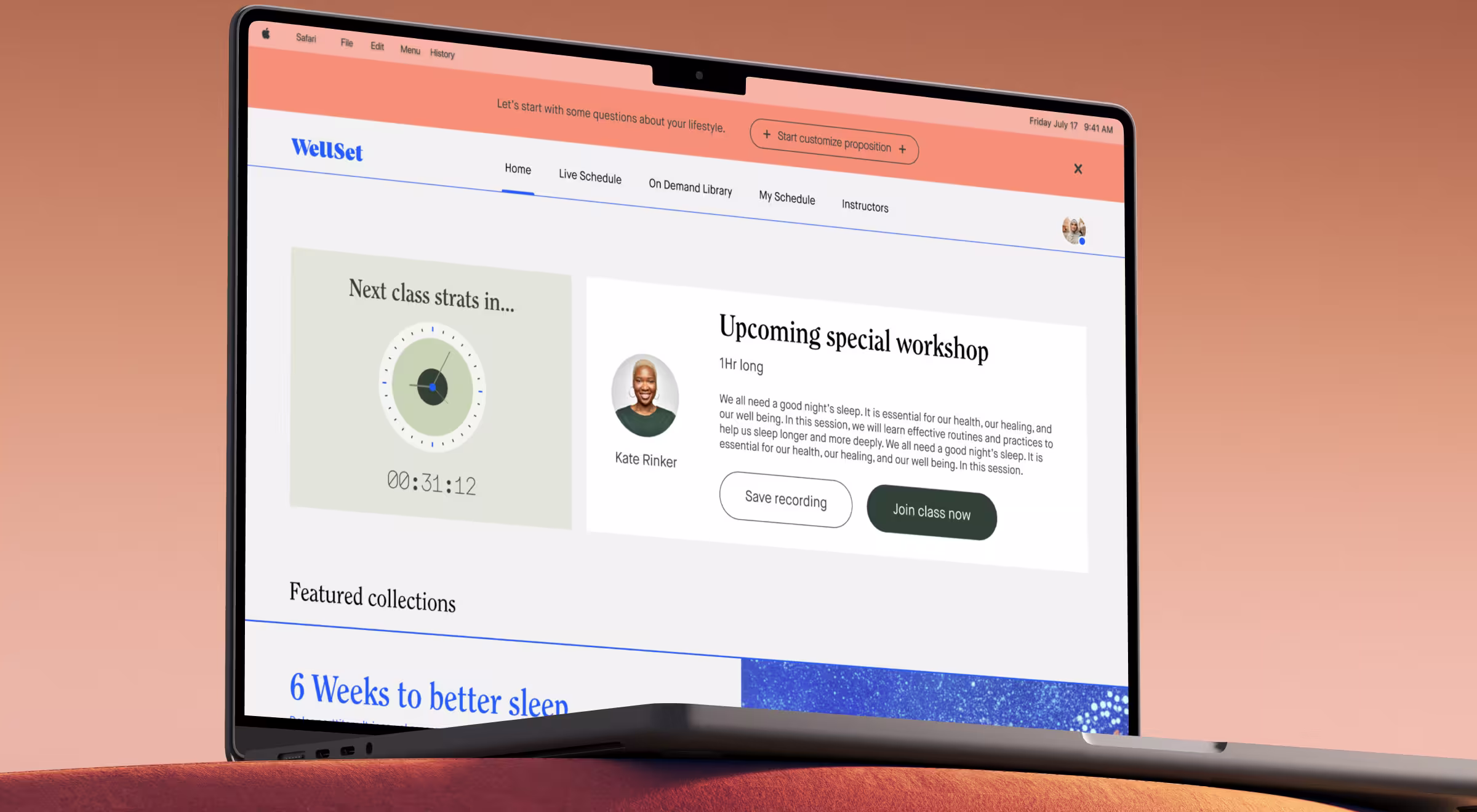 Laptop screen showing WellSet online wellness platform with upcoming workshop countdown, sleep improvement program, and class scheduling interface