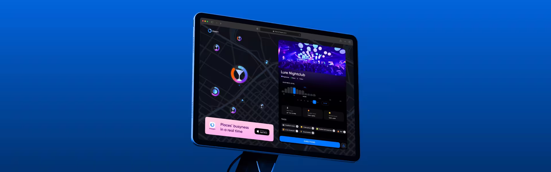 Interactive nightlife app interface on tablet showing real-time nightclub busyness levels, map view, and directions — nightlife mobile app UI/UX design example