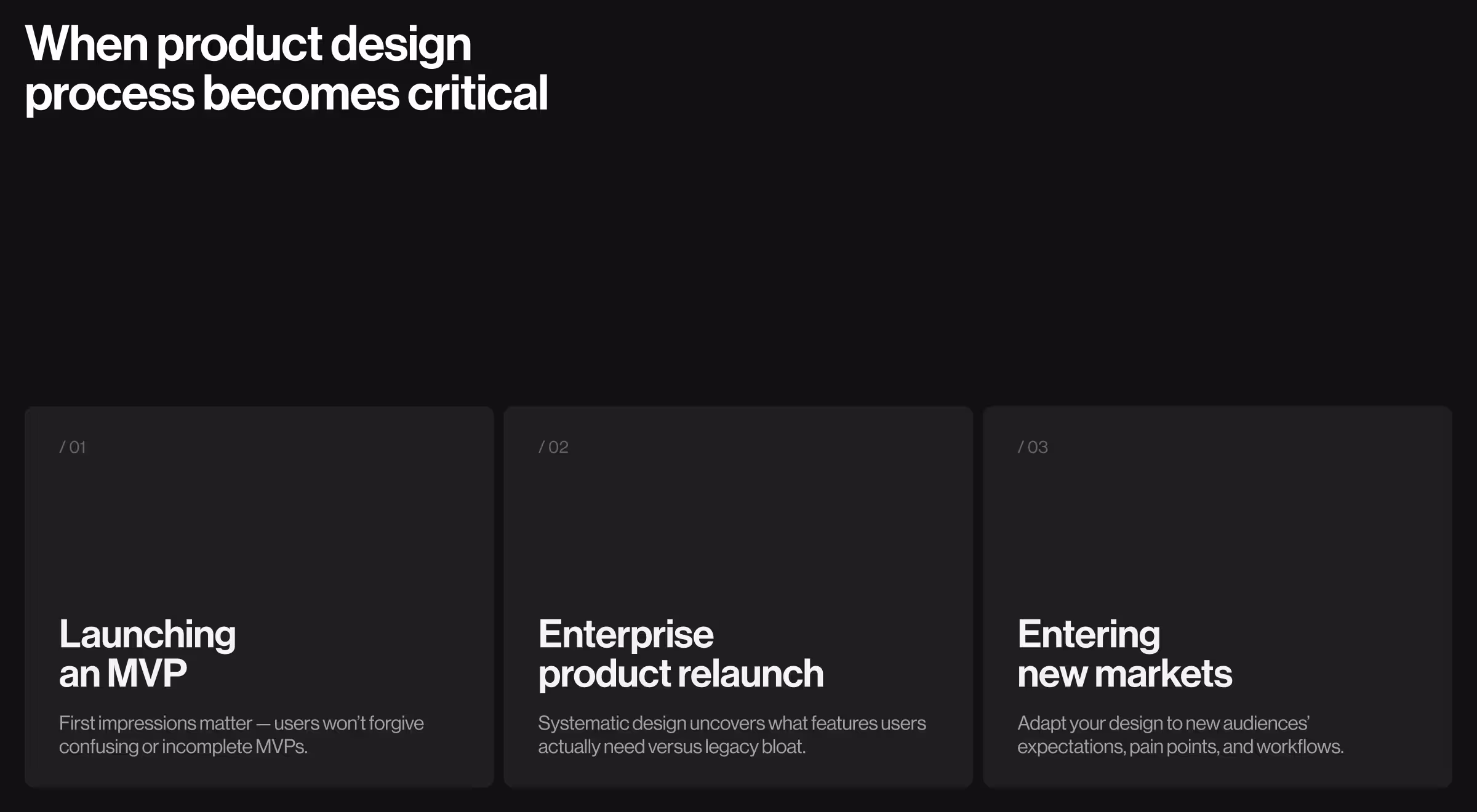 Product design process infographic highlighting critical stages: launching an MVP, enterprise product relaunch, and entering new markets