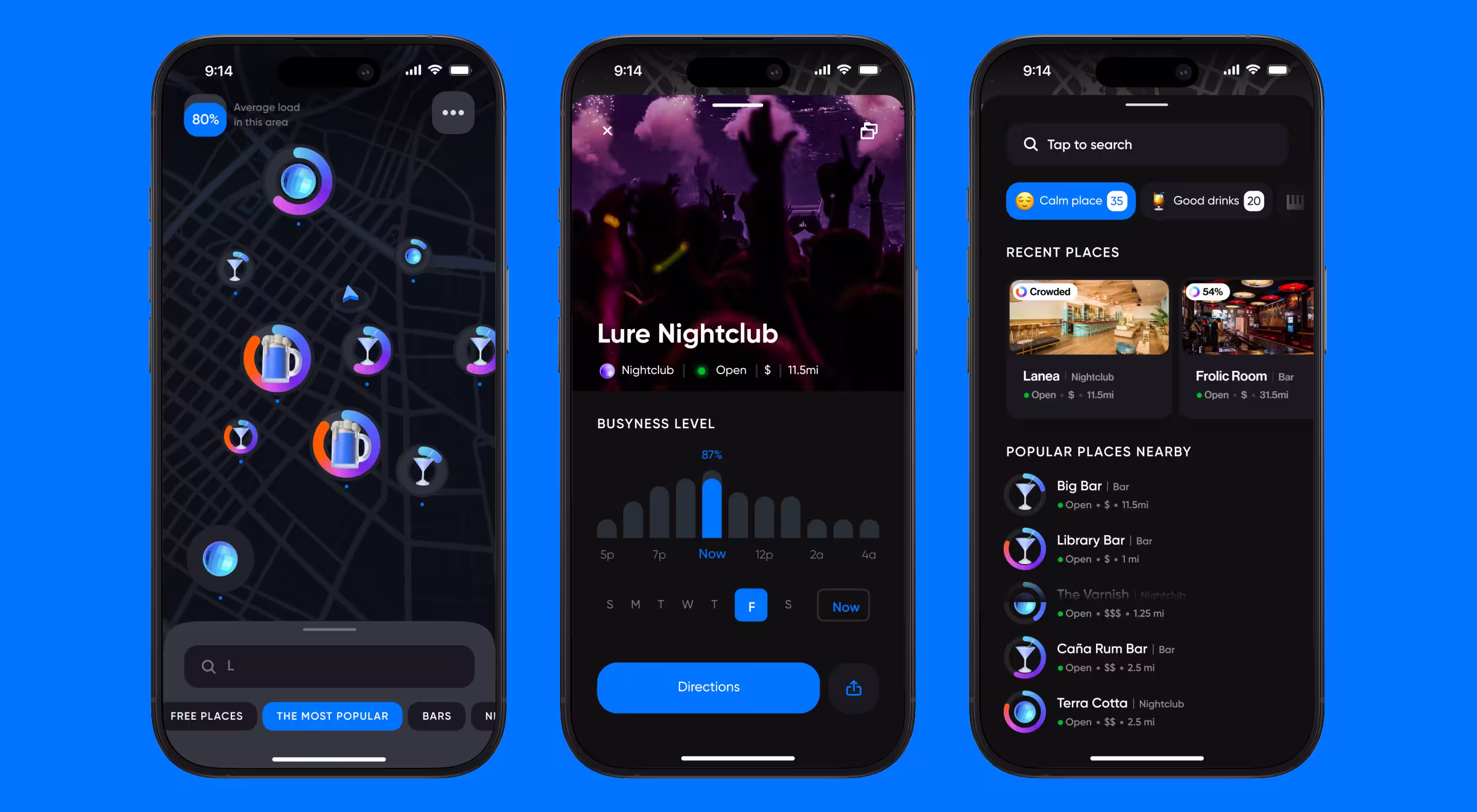 Nightlife mobile app UI design on iPhone showing interactive map, nightclub busyness levels, and nearby bars with real-time recommendations