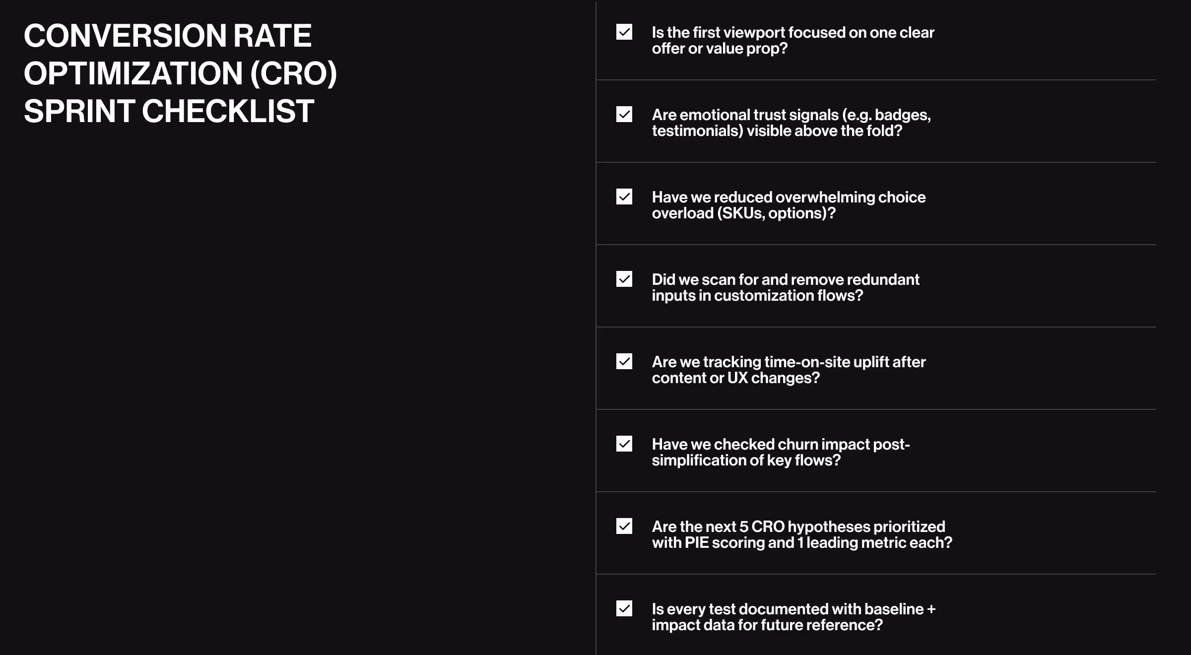 Conversion Rate Optimization (CRO) sprint checklist infographic with UX questions for value proposition, trust signals, reducing choice overload, user flows, churn impact, and testing metrics