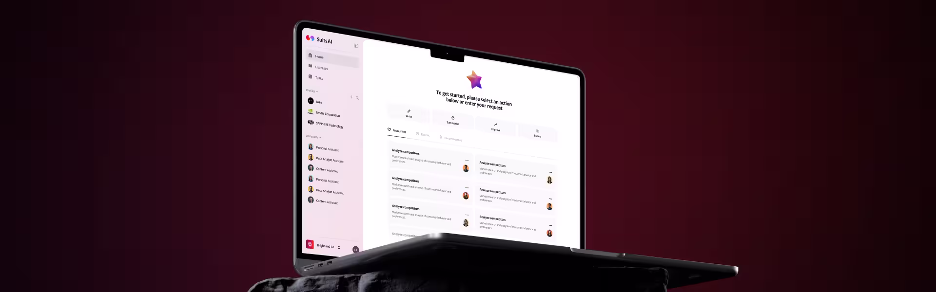 AI productivity platform SuitsAI dashboard UI on laptop screen, featuring competitor analysis, task management, and smart assistant profiles in modern UX design