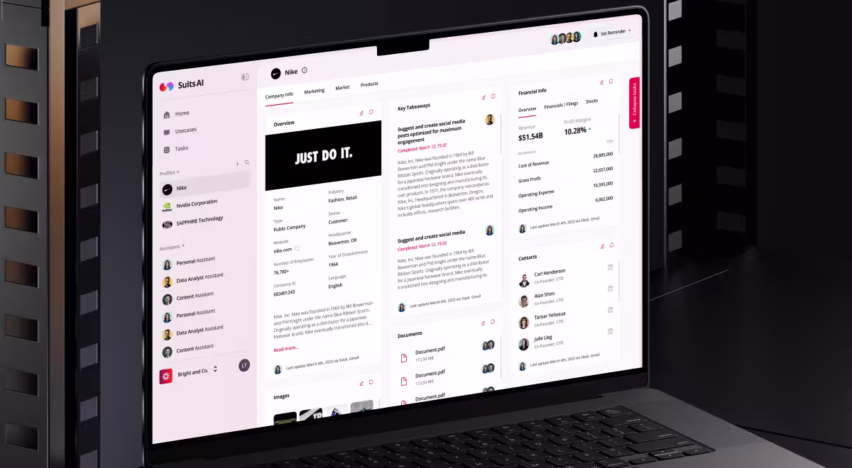 AI SaaS platform SuitsAI dashboard UI on laptop showing Nike company profile, competitor analysis, financial insights, and smart assistant features in modern UX design