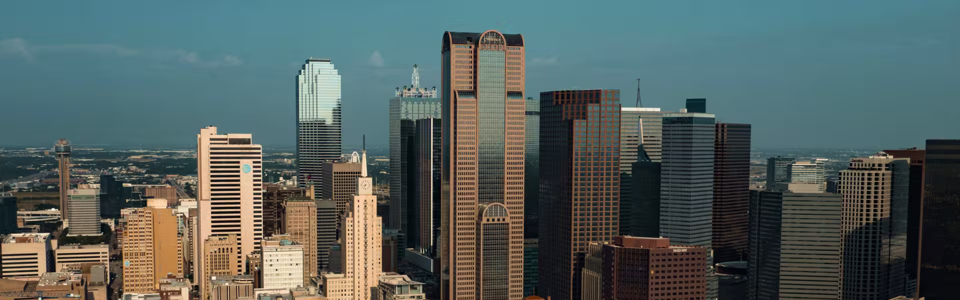 Dallas city skyline with modern skyscrapers and high-rise buildings in downtown Texas