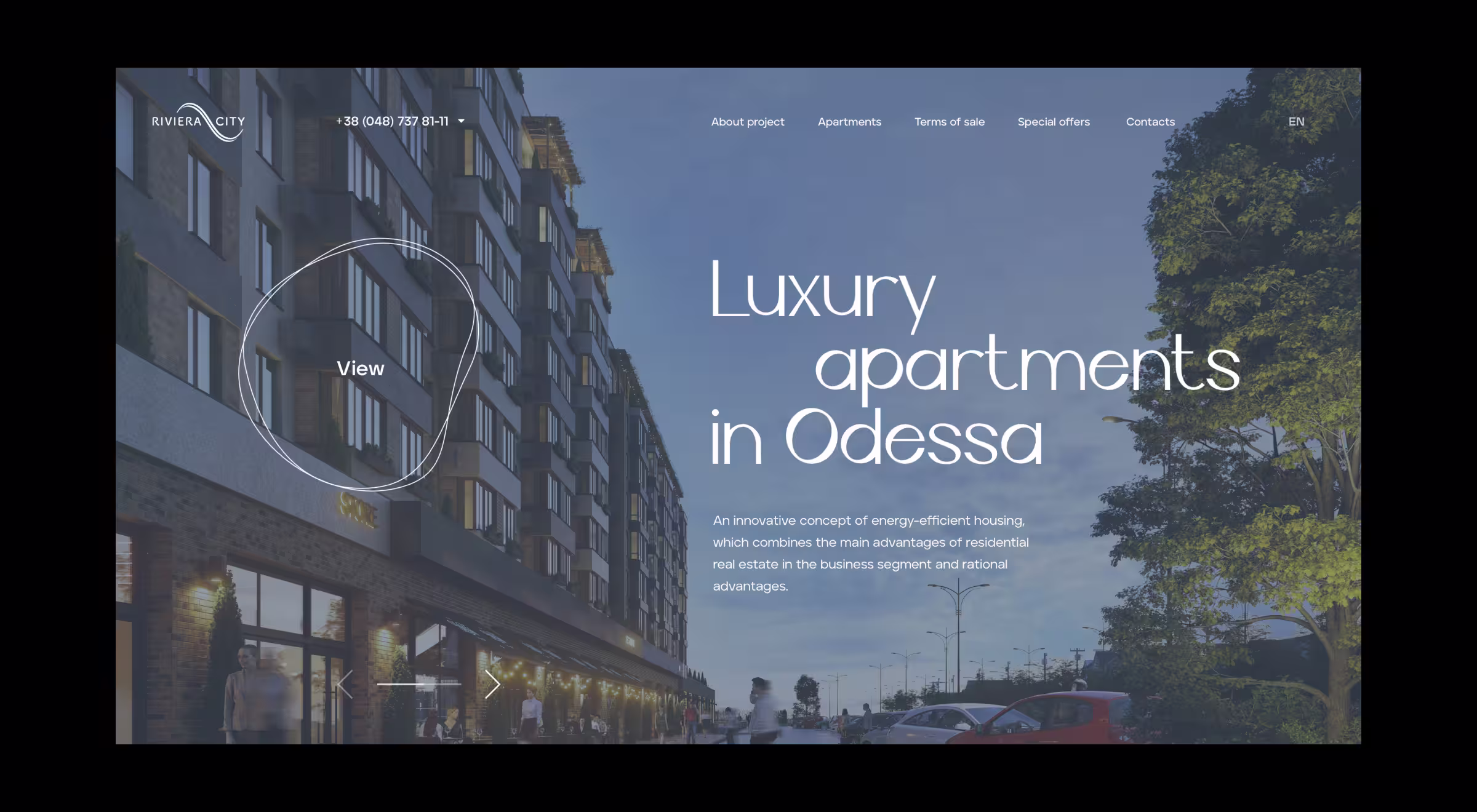 Real estate website design for Riviera City showcasing luxury apartments in Odessa with modern UI layout and property details