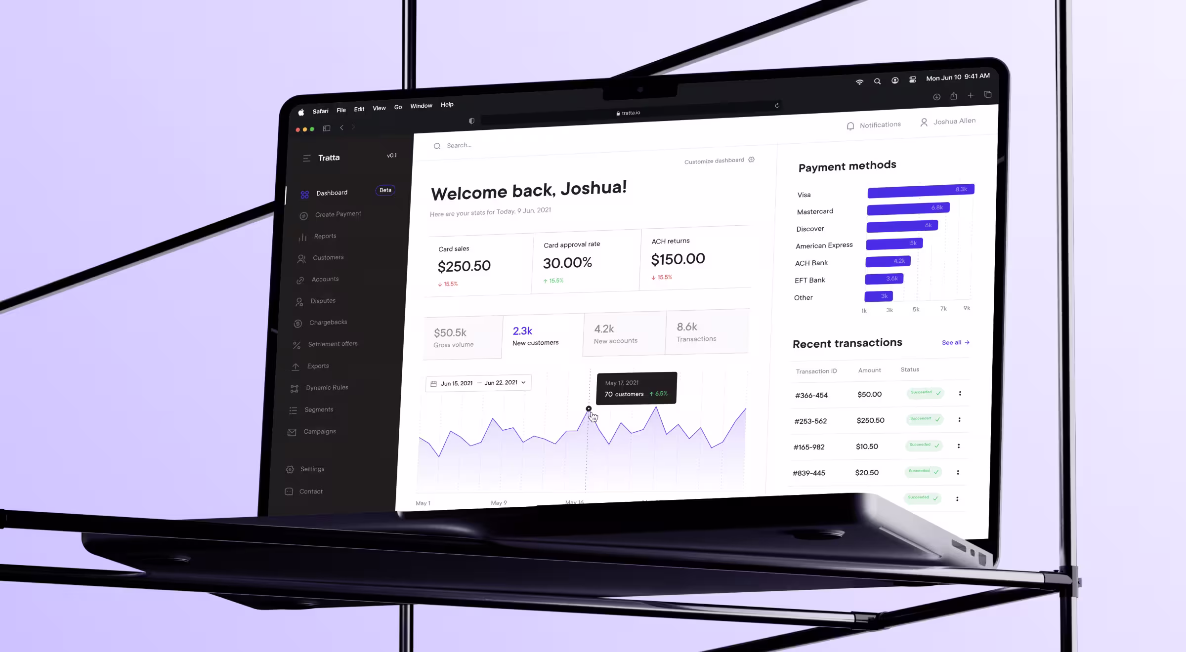 Fintech analytics dashboard interface on laptop screen showing sales metrics, payment methods, and transaction reports for Tratta platform