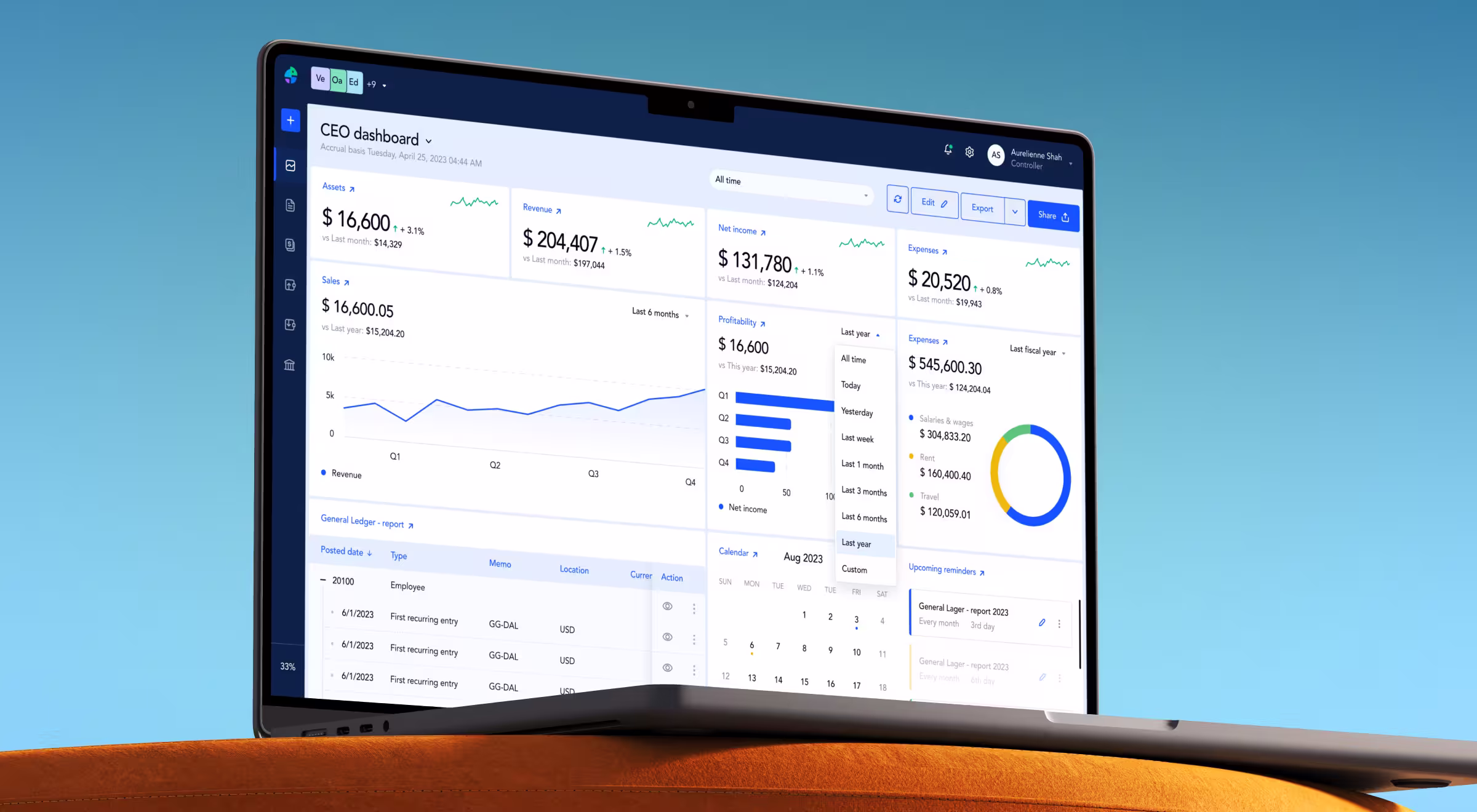 CEO financial dashboard interface on laptop screen displaying revenue, expenses, profitability, and accounting reports for business analytics