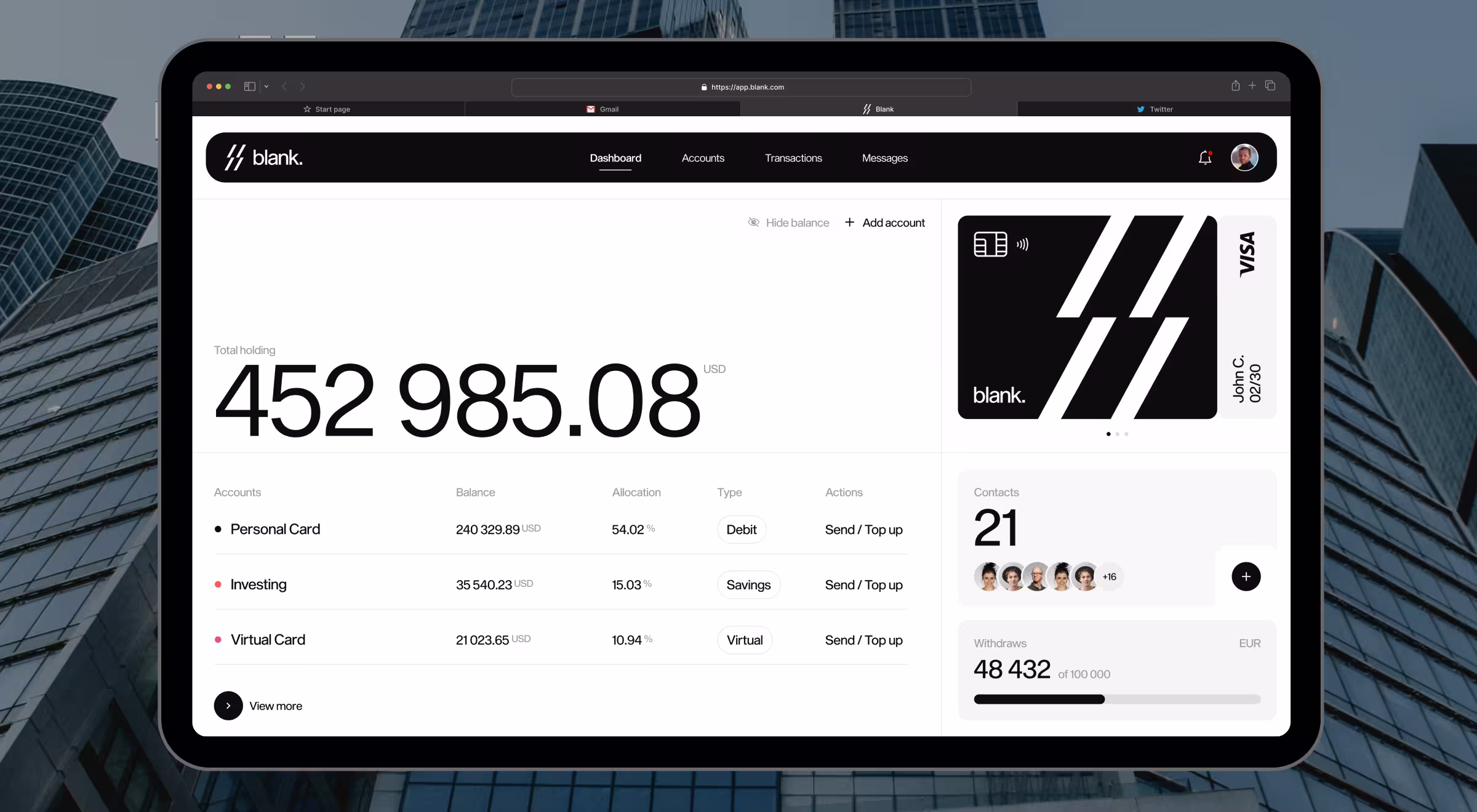 Digital banking dashboard on tablet screen displaying account balances, debit and virtual cards, investment tracking, and transaction management for Blank app