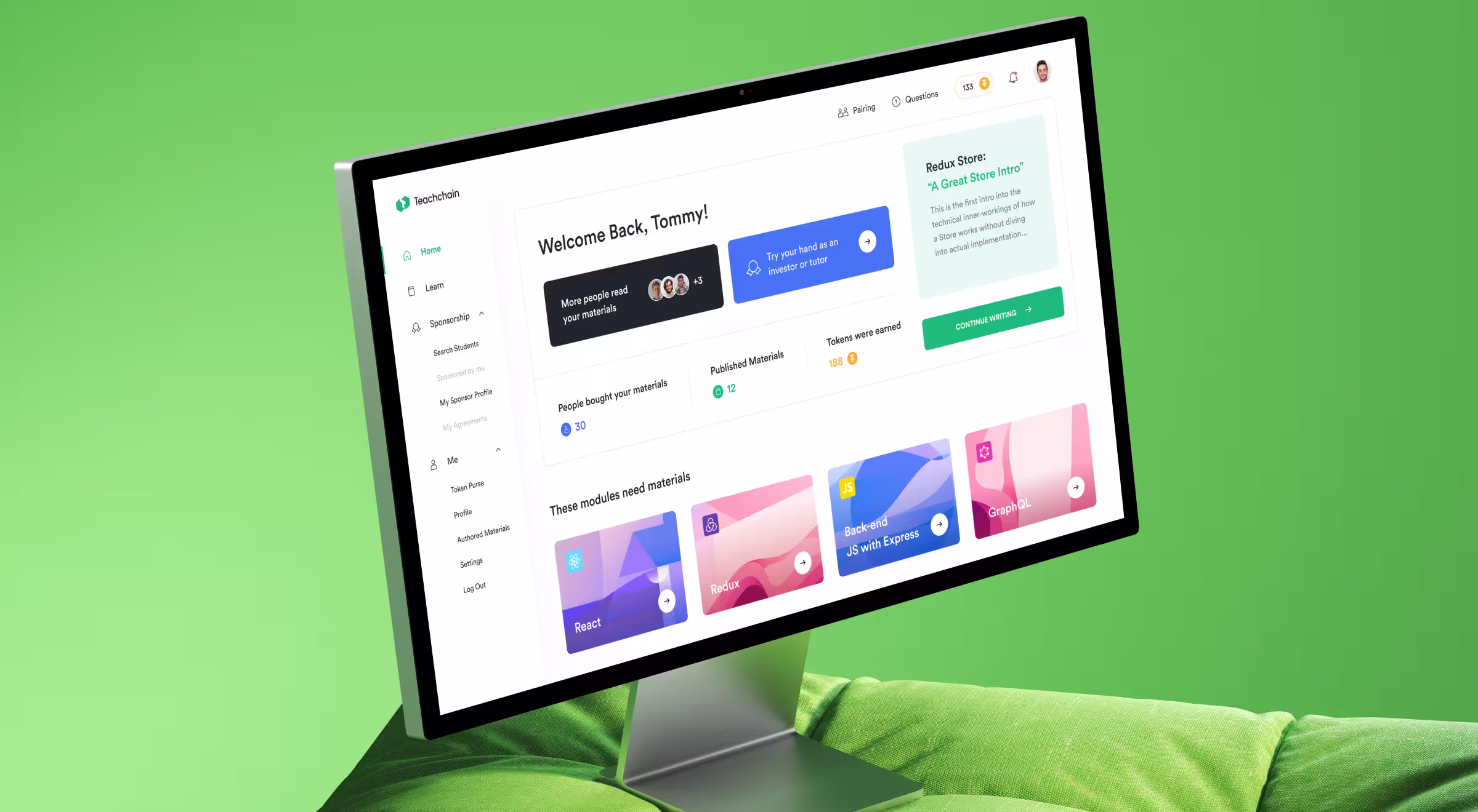 Teachchain online learning dashboard on desktop screen with student profile, published study materials, and sponsorship features for React, Redux, Backend JS, and GraphQL modules