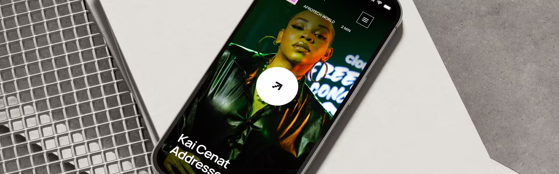 AFROTECH mobile app interface on smartphone screen displaying trending news article with modern dark UI design