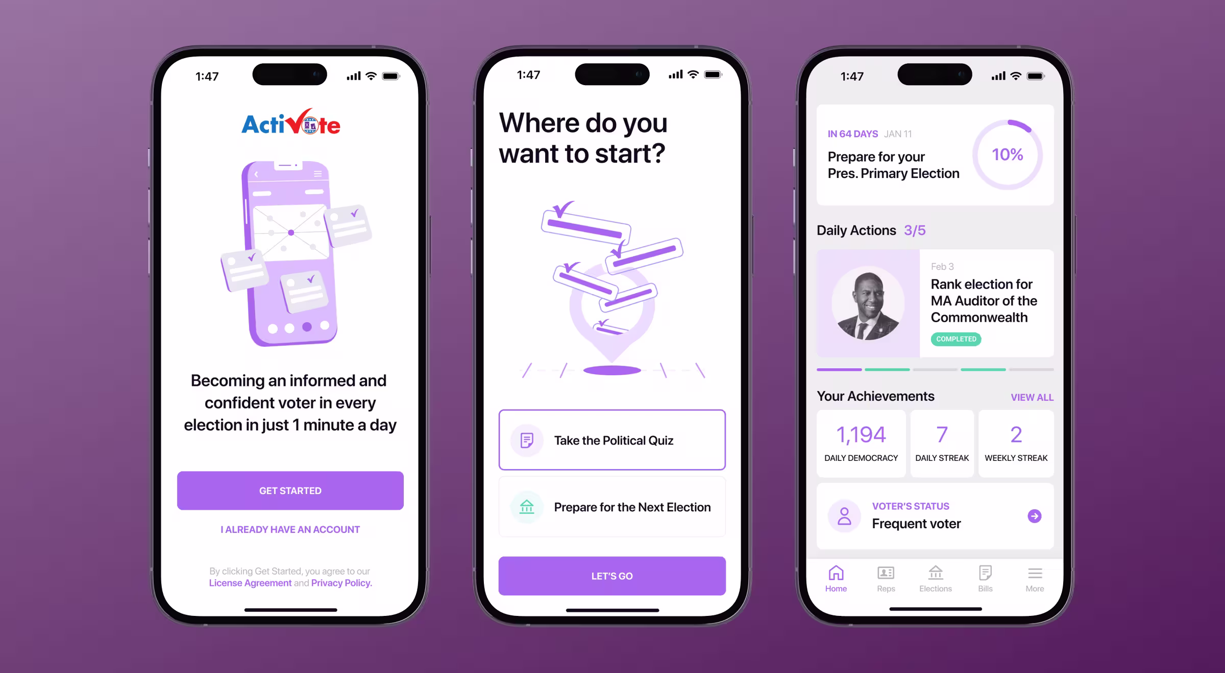 ActiVote mobile app interface on smartphones showing voter education tools, political quiz, election preparation, and daily civic engagement tracking