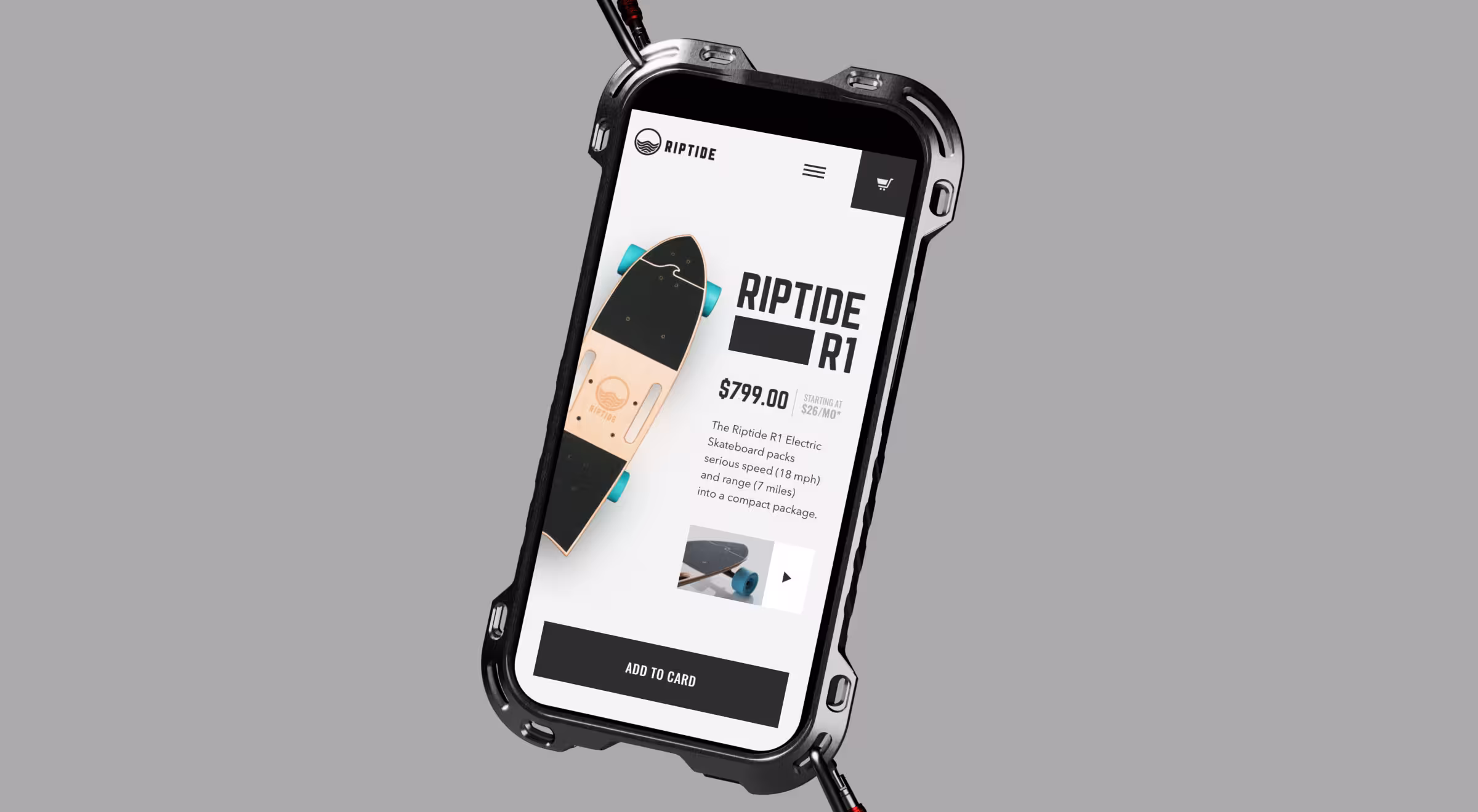 Riptide R1 electric skateboard product page displayed on rugged smartphone case with price and add to cart option