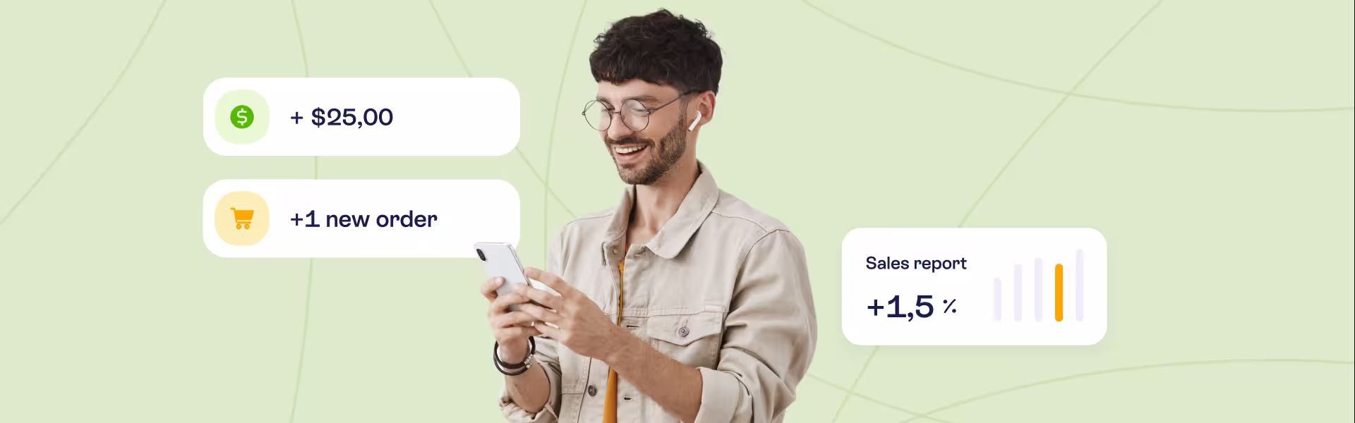 Smiling man checking smartphone with eCommerce notifications about new order, sales revenue, and growth report on light green background