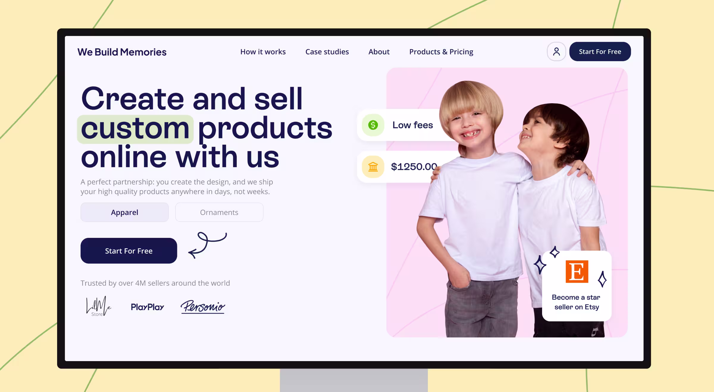 Custom product website interface showing kids in white t-shirts, Etsy integration, and features like low fees and seller earnings for online store owners