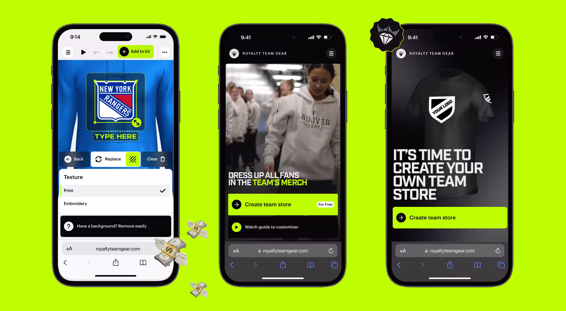 Mobile app interface for creating custom team merchandise, showing hoodie design editor, fan merch store, and personalized team shop setup