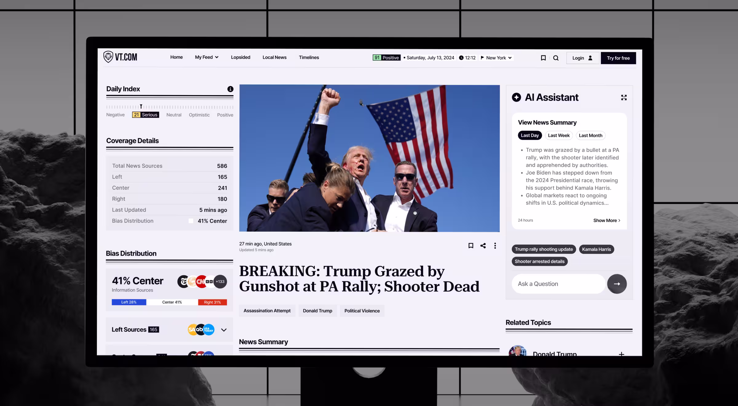 News website interface displayed on a desktop monitor, showing live coverage details, bias distribution charts, and an AI assistant panel summarizing current events