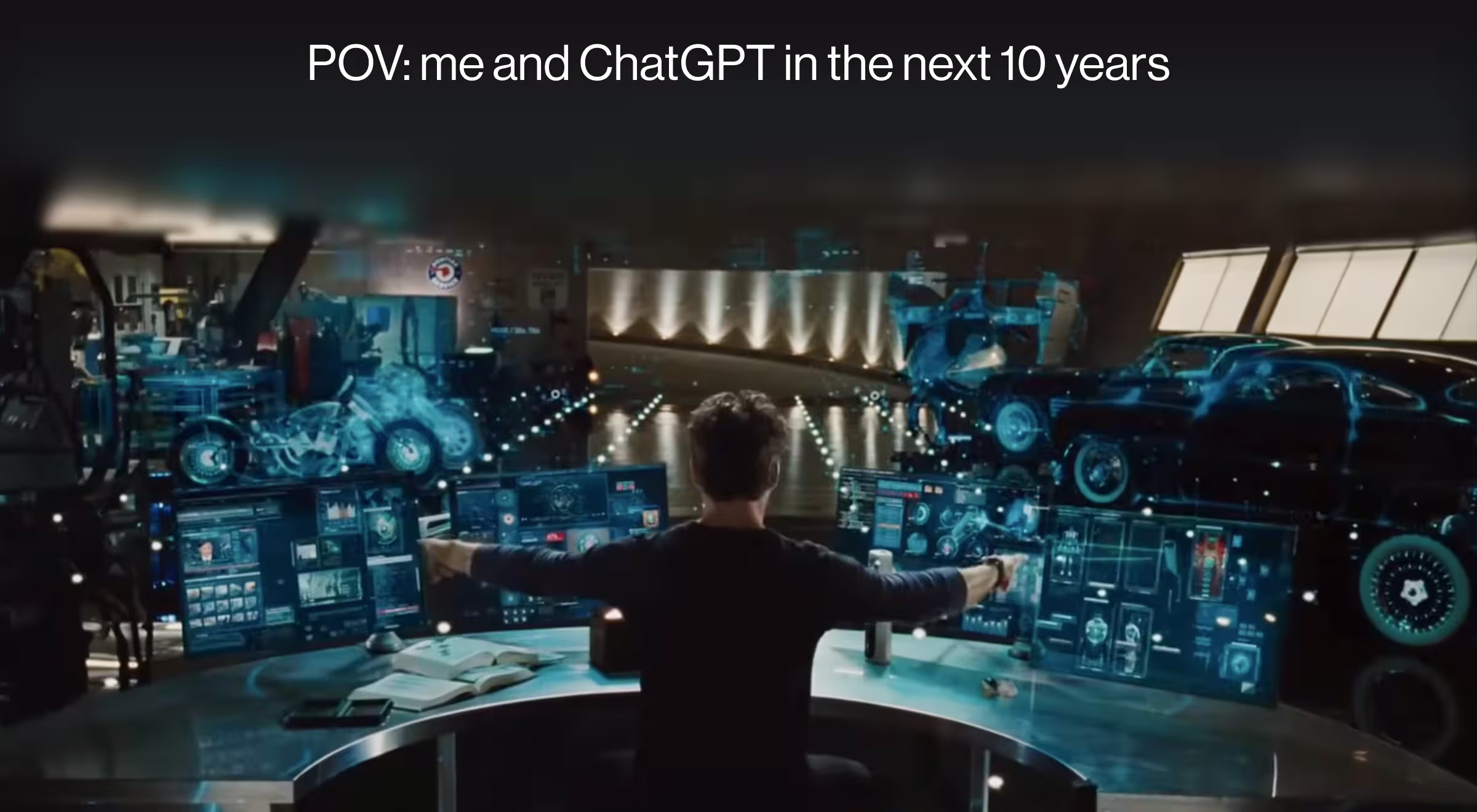 Futuristic workstation scene with holographic screens, cars, and motorcycles, captioned ‘POV: me and ChatGPT in the next 10 years