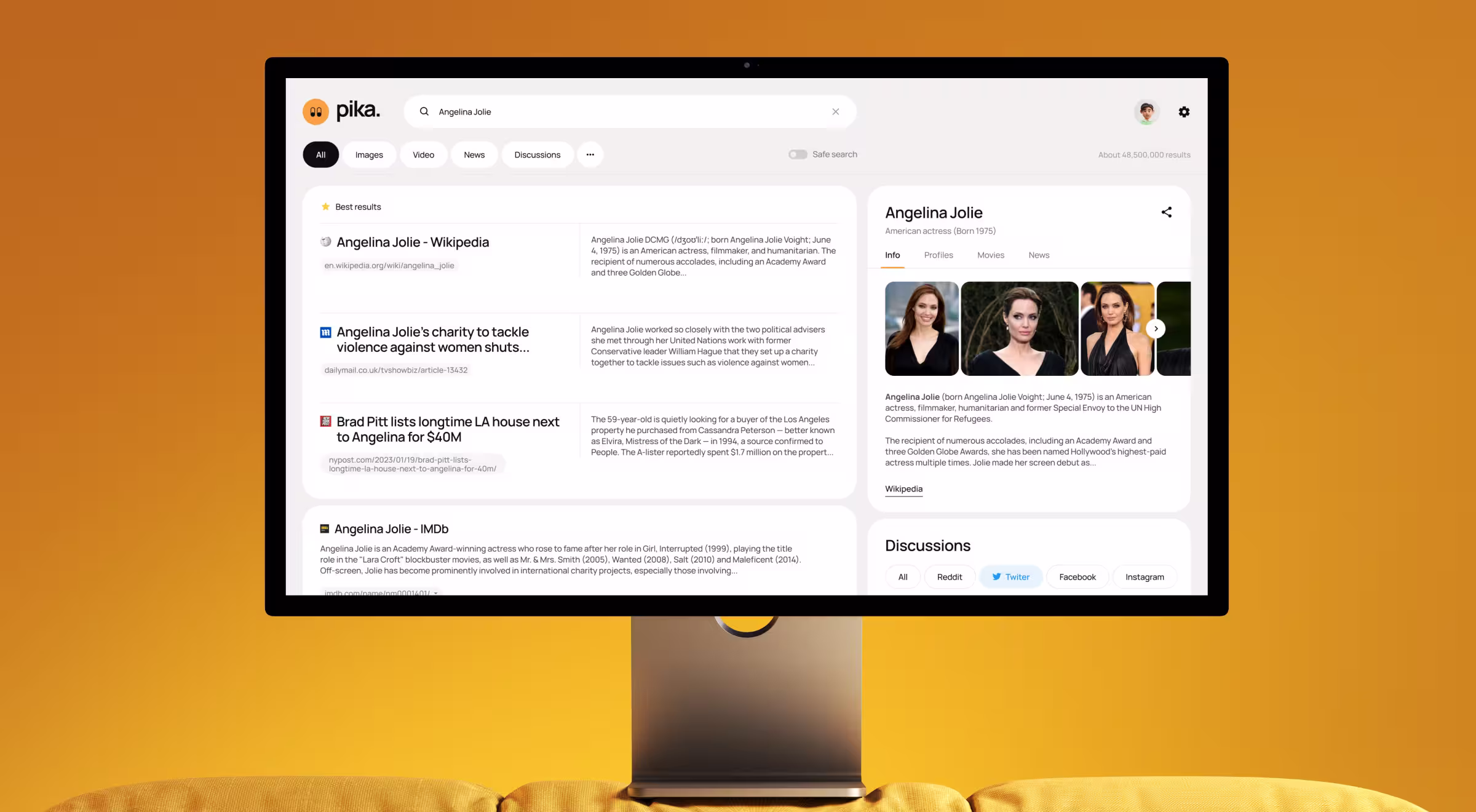 Search engine interface mockup on desktop monitor with query for Angelina Jolie, showing results from Wikipedia, IMDb, and news sources against an orange background