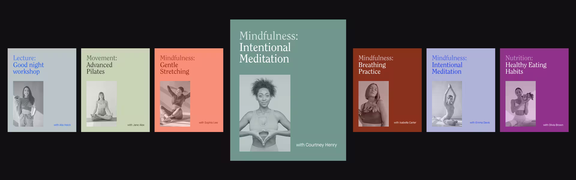 Colorful mindfulness course covers featuring various meditation and stretching practices, showcasing modern minimalist design for a wellness platform UI