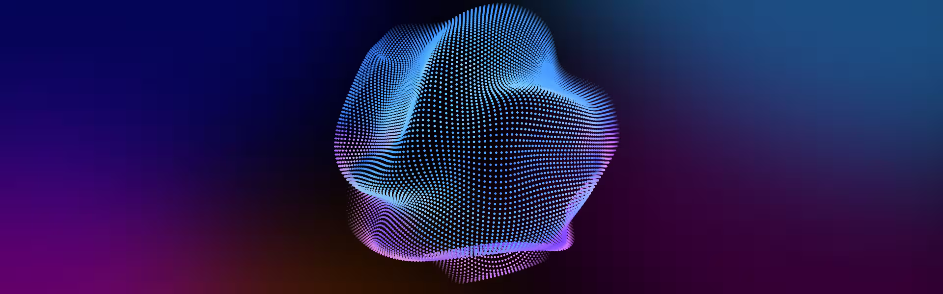 Abstract 3D AI data visualization sphere with glowing dots and gradient background