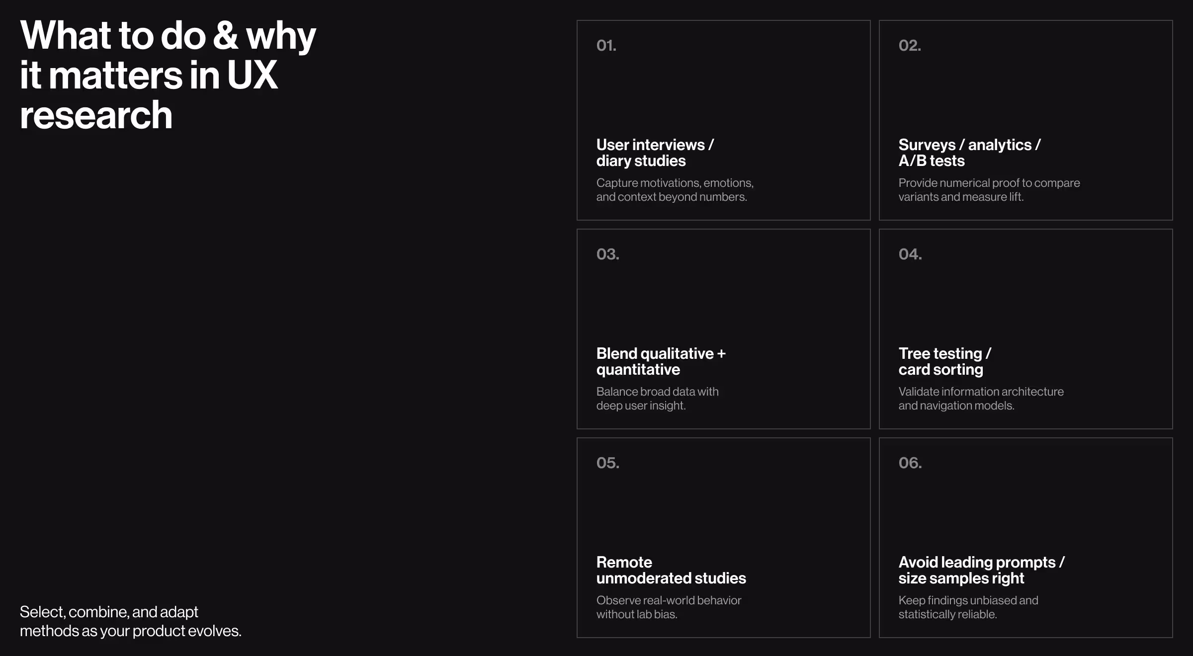 Infographic outlining six key UX research best practices, including user interviews, surveys, A/B tests, qualitative and quantitative blending, tree testing, and remote studies