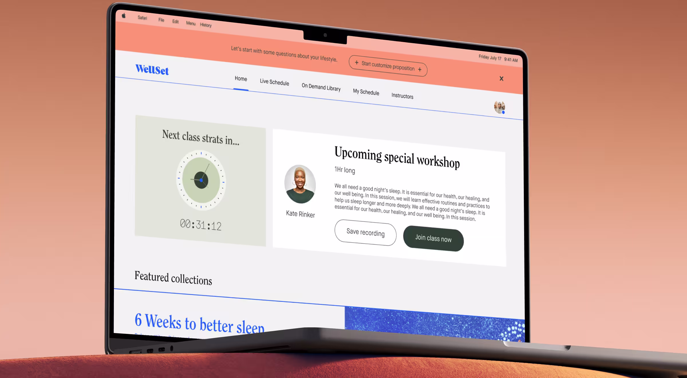 Laptop screen showing WellSet wellness platform interface with live class schedule and upcoming workshop — modern healthcare UX/UI web design example