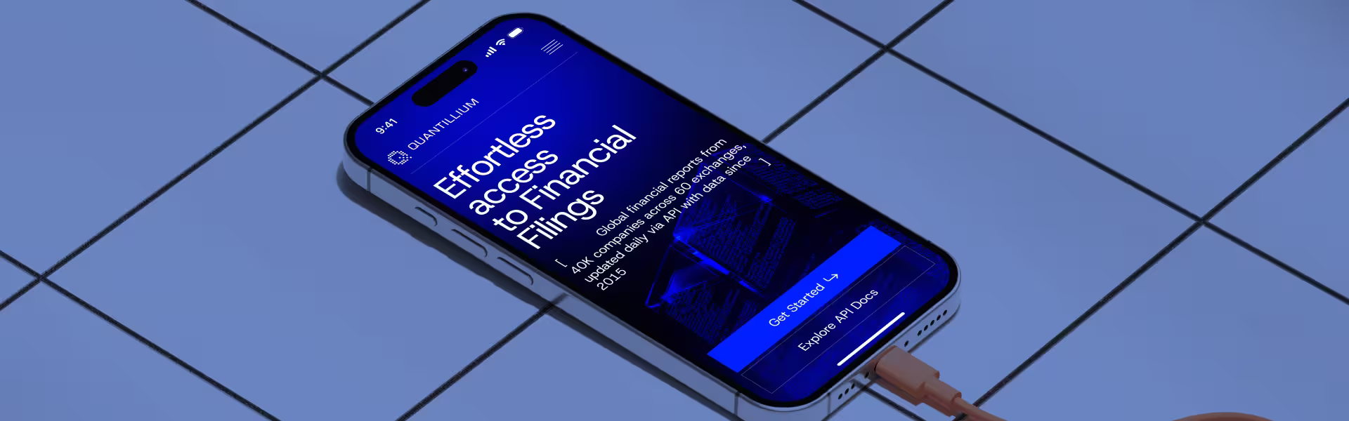 Mobile interface of Quantilium fintech app displaying financial data access and API documentation — sleek fintech mobile UI design example