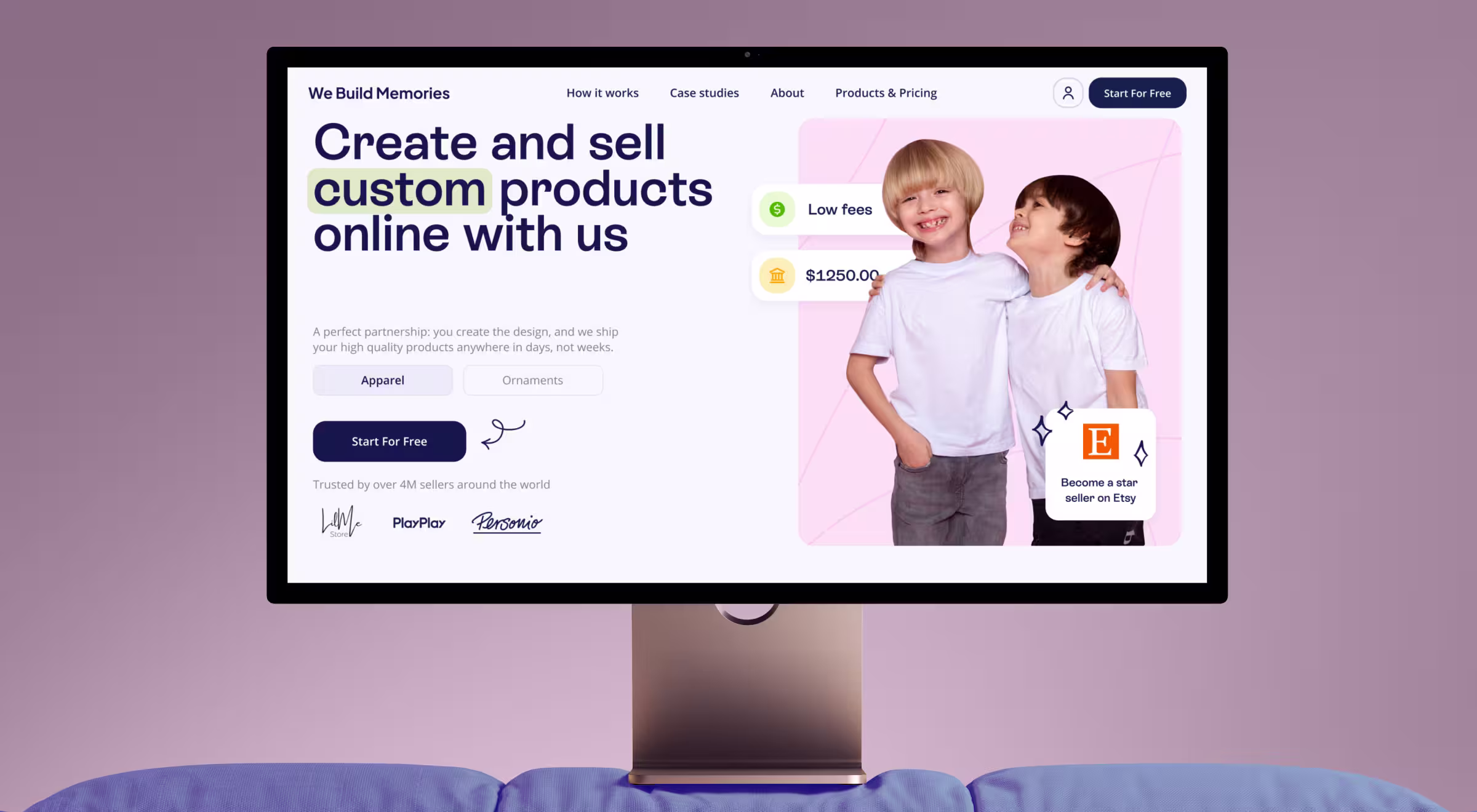 Desktop view of We Build Memories ecommerce website promoting custom product creation and Etsy integration — modern ecommerce web design example