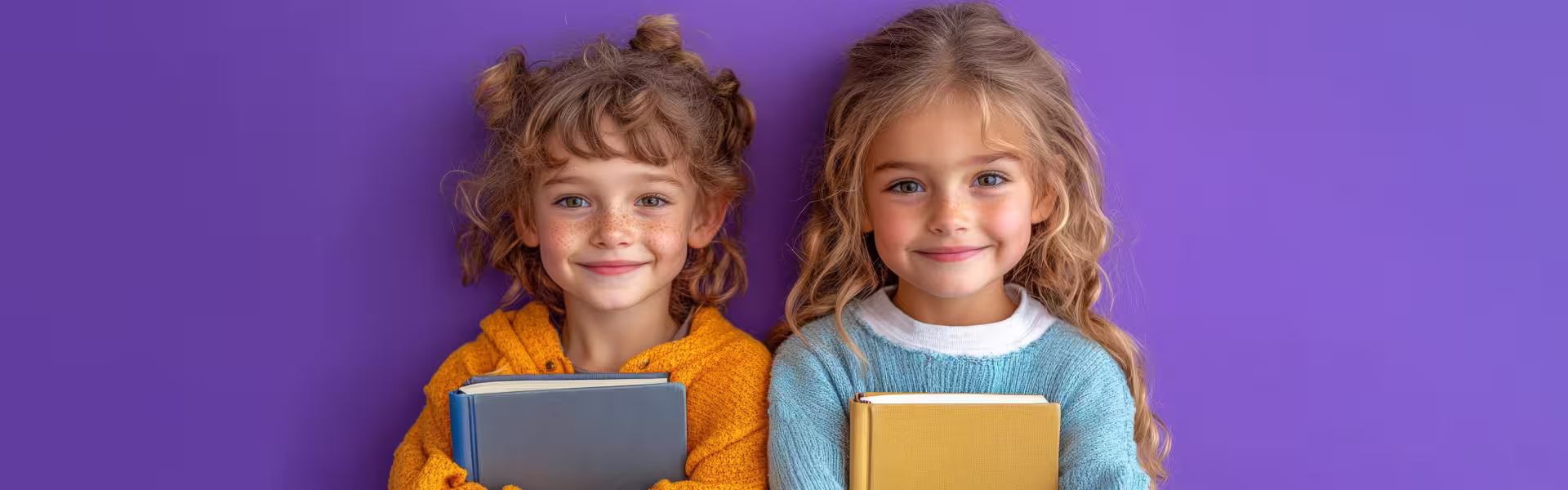 Two smiling children holding books against a purple background — bright, friendly visual for modern education and EdTech web design