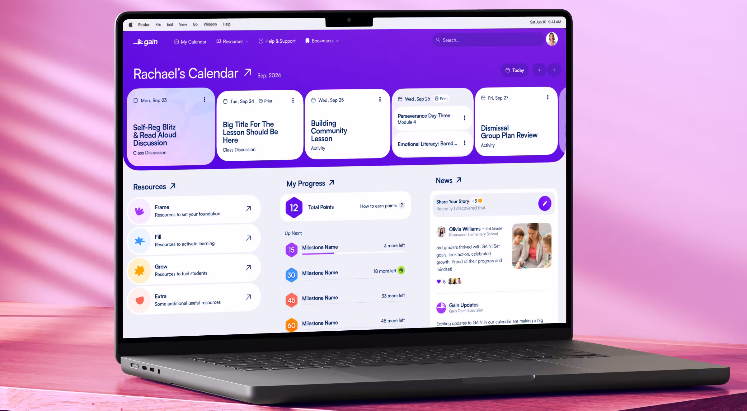 Laptop screen showing Gain learning platform calendar and progress dashboard — clean, intuitive EdTech UX/UI design for classroom management