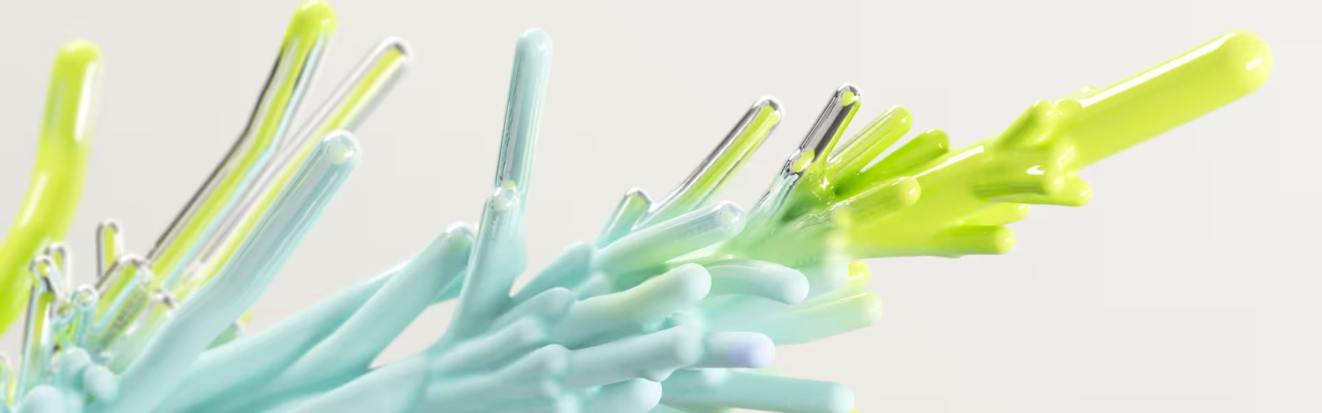 Abstract 3D render with glossy green and blue forms — modern digital artwork representing creativity and innovation in 3D design