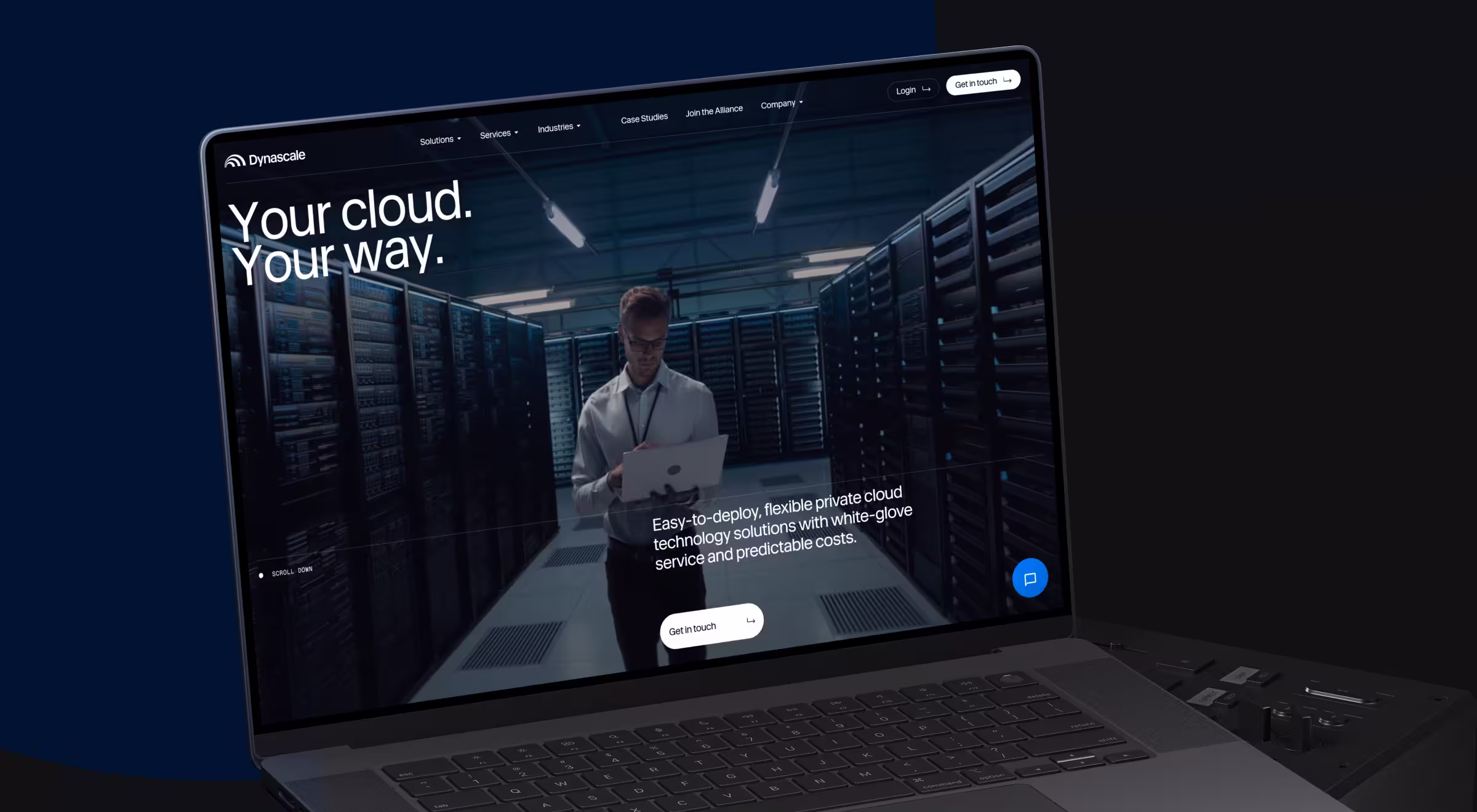 Laptop screen showing Dynascale website design featuring private cloud solutions and modern data center UX