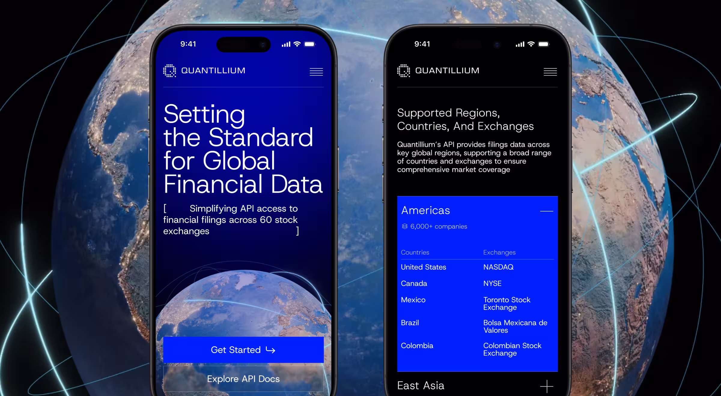 Quantillium fintech app UI showcasing global financial data and exchange API design