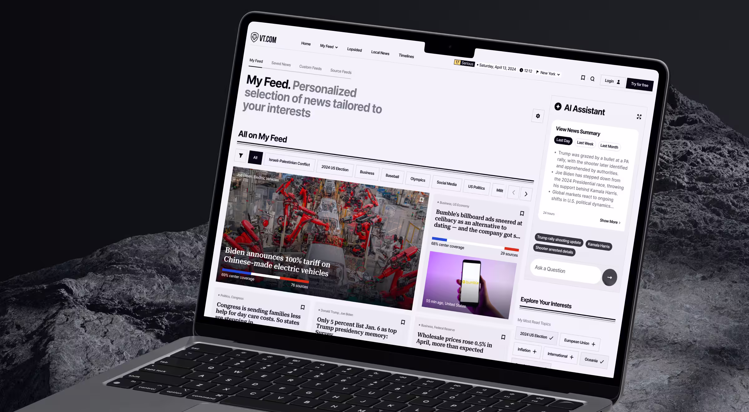 AI-powered personalized news dashboard design for VT.com displayed on a laptop, featuring custom feeds, interactive filters, and an integrated AI assistant