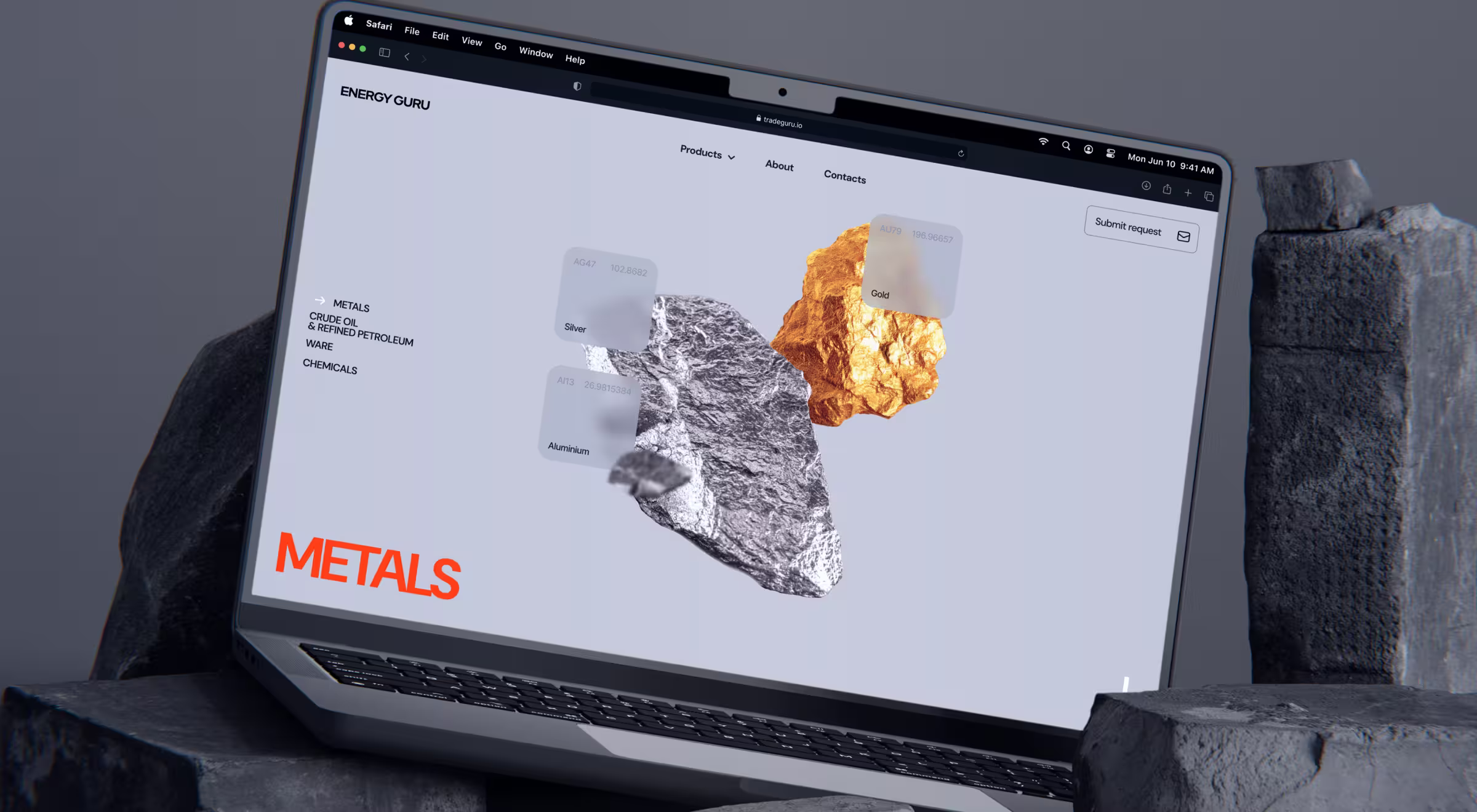 Energy Guru website interface on a laptop displaying 3D-rendered gold, silver, and aluminum elements with minimalist UI design for a commodities trading platform