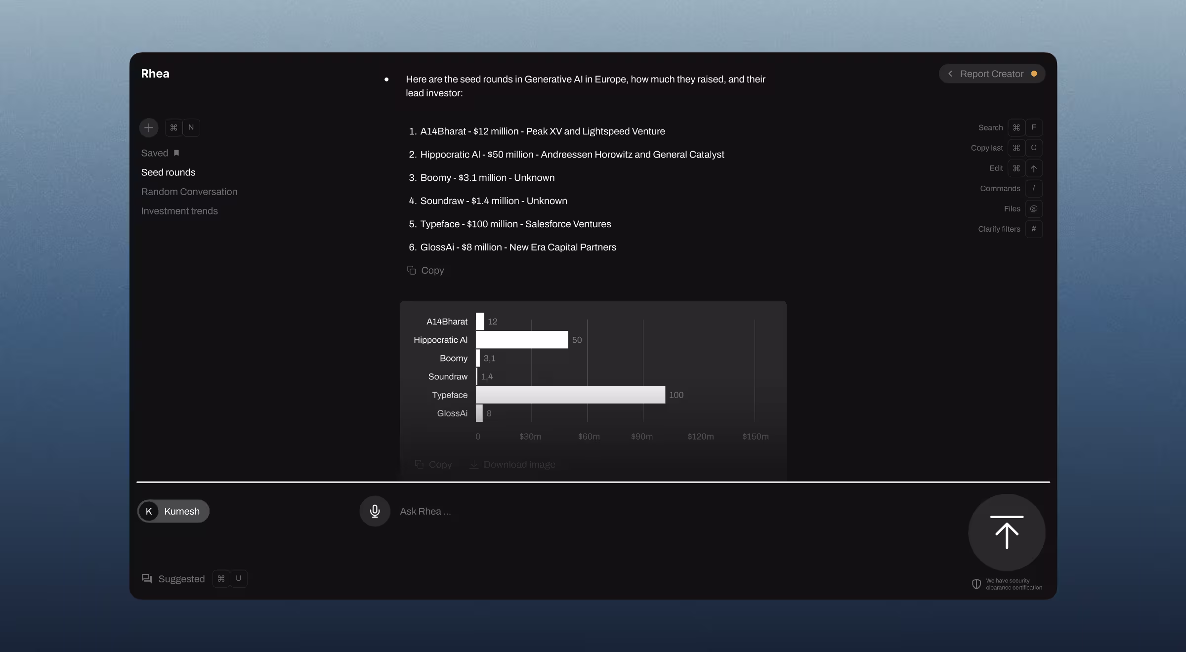 AI research dashboard showing seed funding rounds in generative AI startups across Europe with visualized bar chart — designed by Lazarev.agency for Rhea by Accern, highlighting financial data visualization and conversational AI UX
