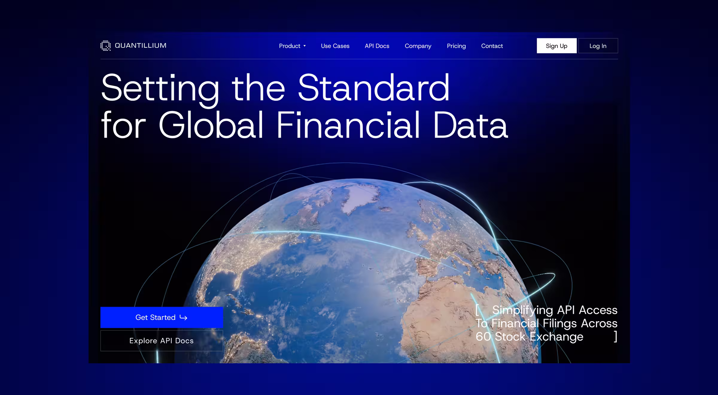 Quantillium website hero section showcasing global financial data API platform — blue earth visualization with network lines and bold headline ‘Setting the Standard for Global Financial Data,’ designed by Lazarev.agency