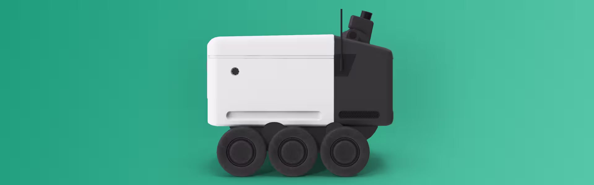 3D render of autonomous delivery robot with six wheels and black-white body on green background — futuristic robotics product visualization designed by Lazarev.agency