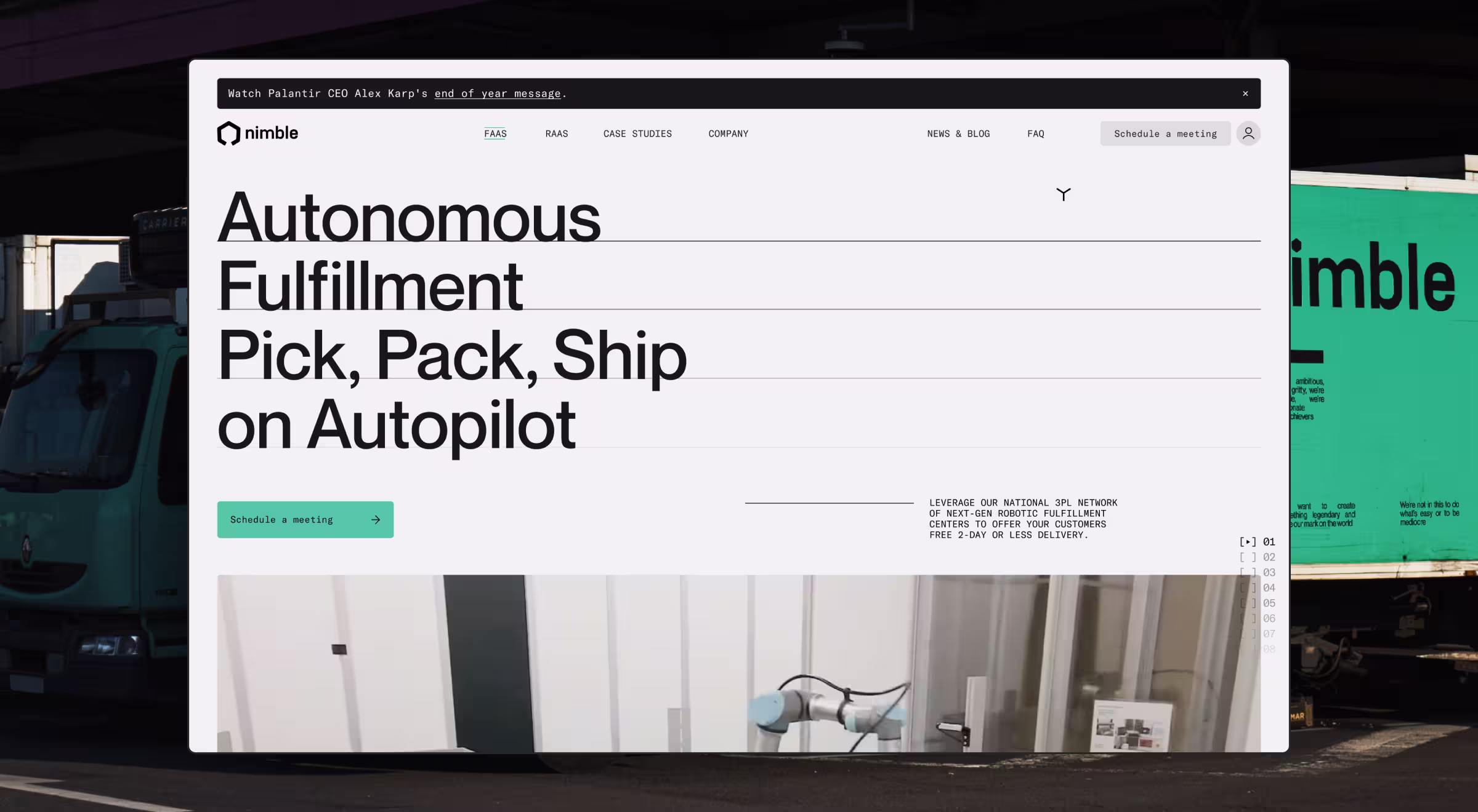Nimble Robotics website hero section showcasing autonomous fulfillment and robotic pick-pack-ship automation — modern logistics and AI-driven warehouse UX design by Lazarev.agency