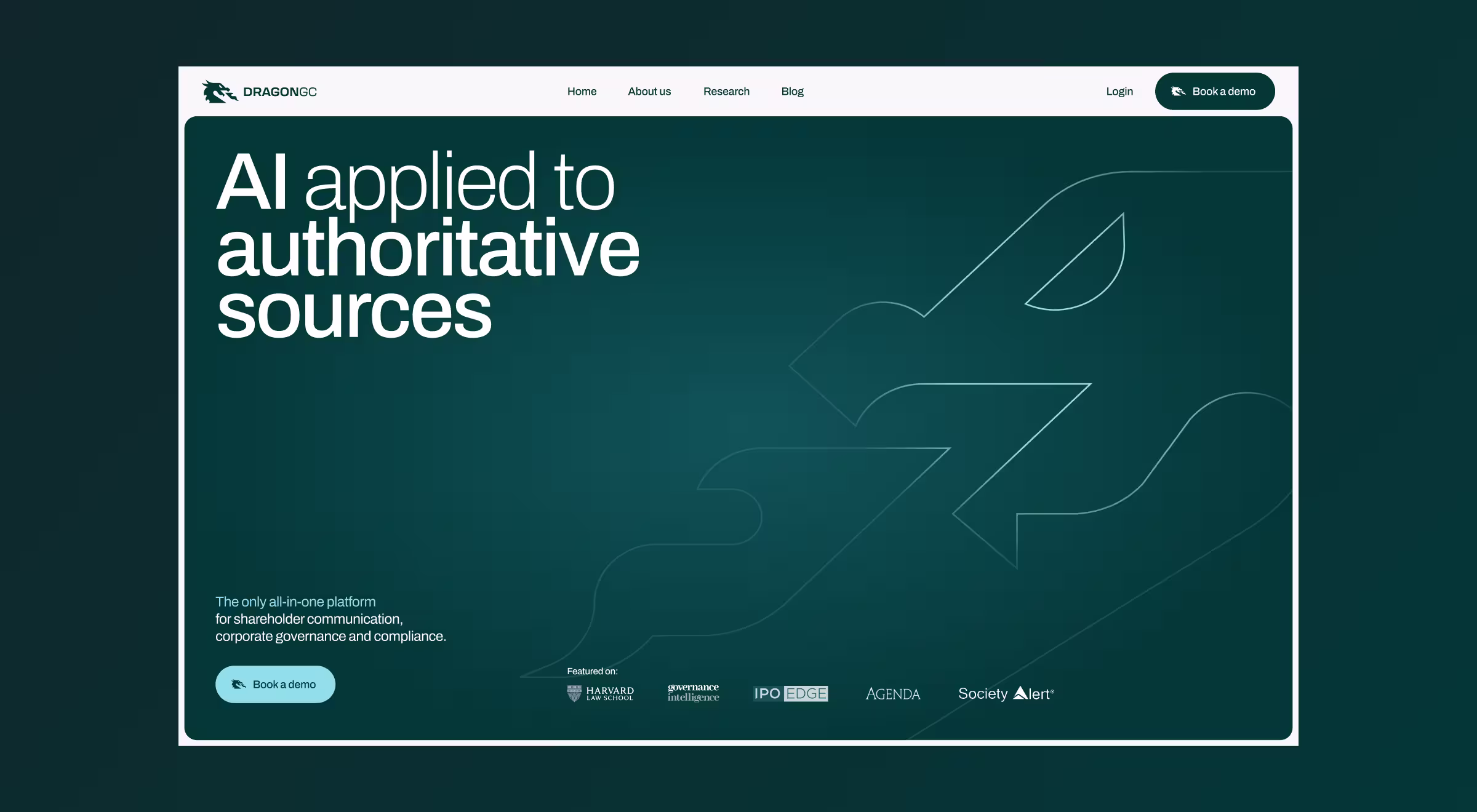 DragonGC website hero section with headline ‘AI applied to authoritative sources’ — showcasing AI-powered governance and compliance platform UI designed by Lazarev.agency