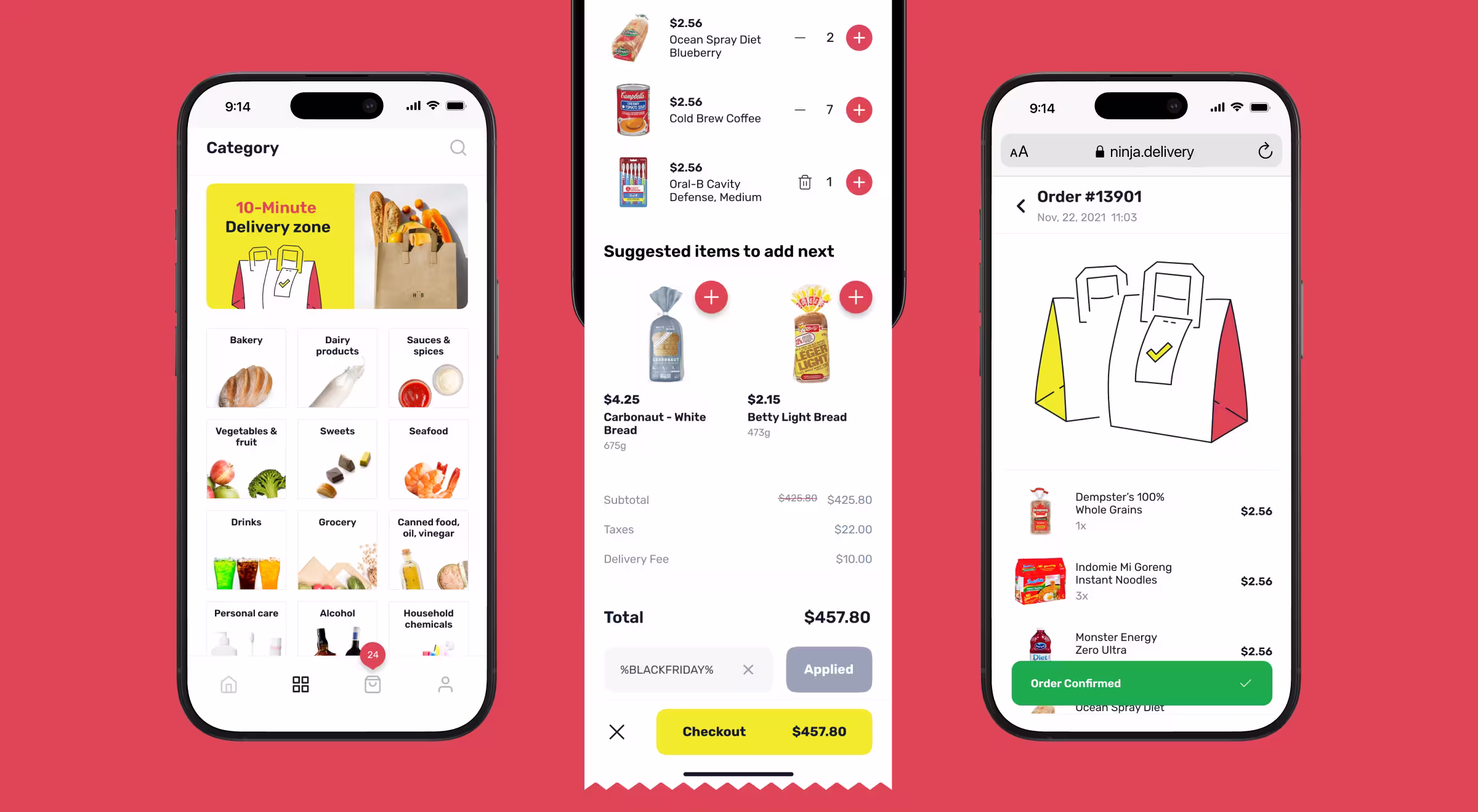 Three mobile screens of Ninja delivery app UI showing category browsing, cart checkout, and order confirmation flow — fast grocery delivery experience designed by Lazarev.agency