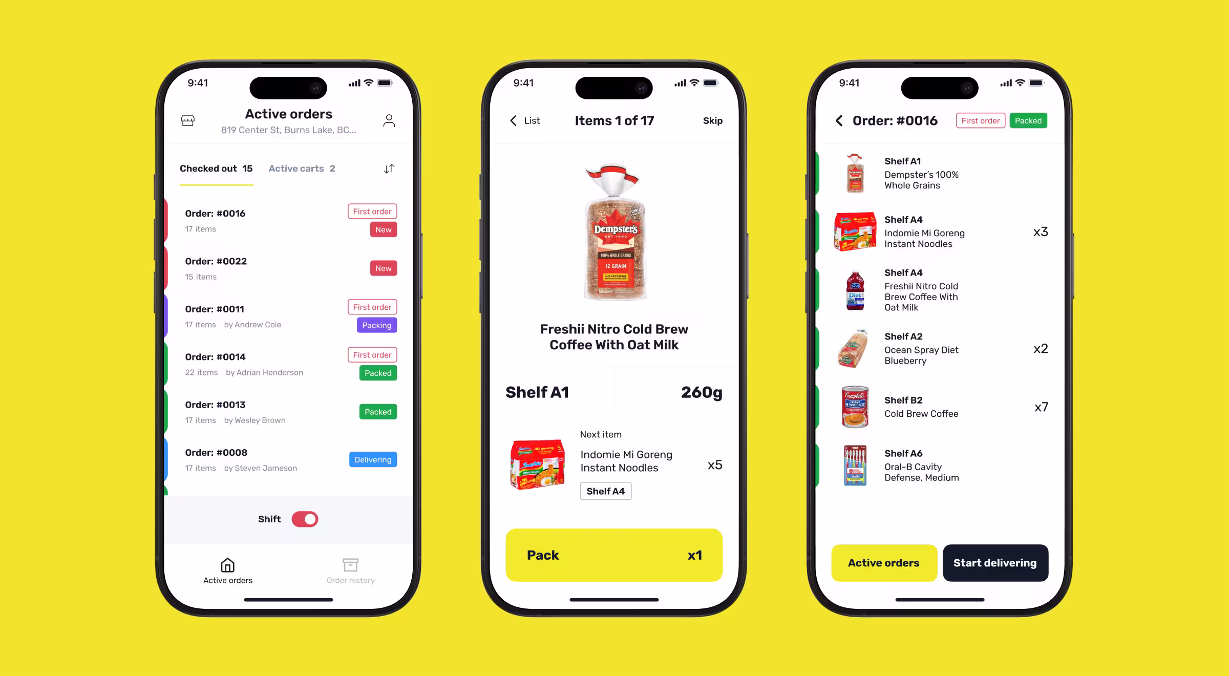 Mobile app interface for Ninja grocery delivery service showing active orders, product packing, and shelf assignment — real-time order management and packing experience designed by Lazarev.agency