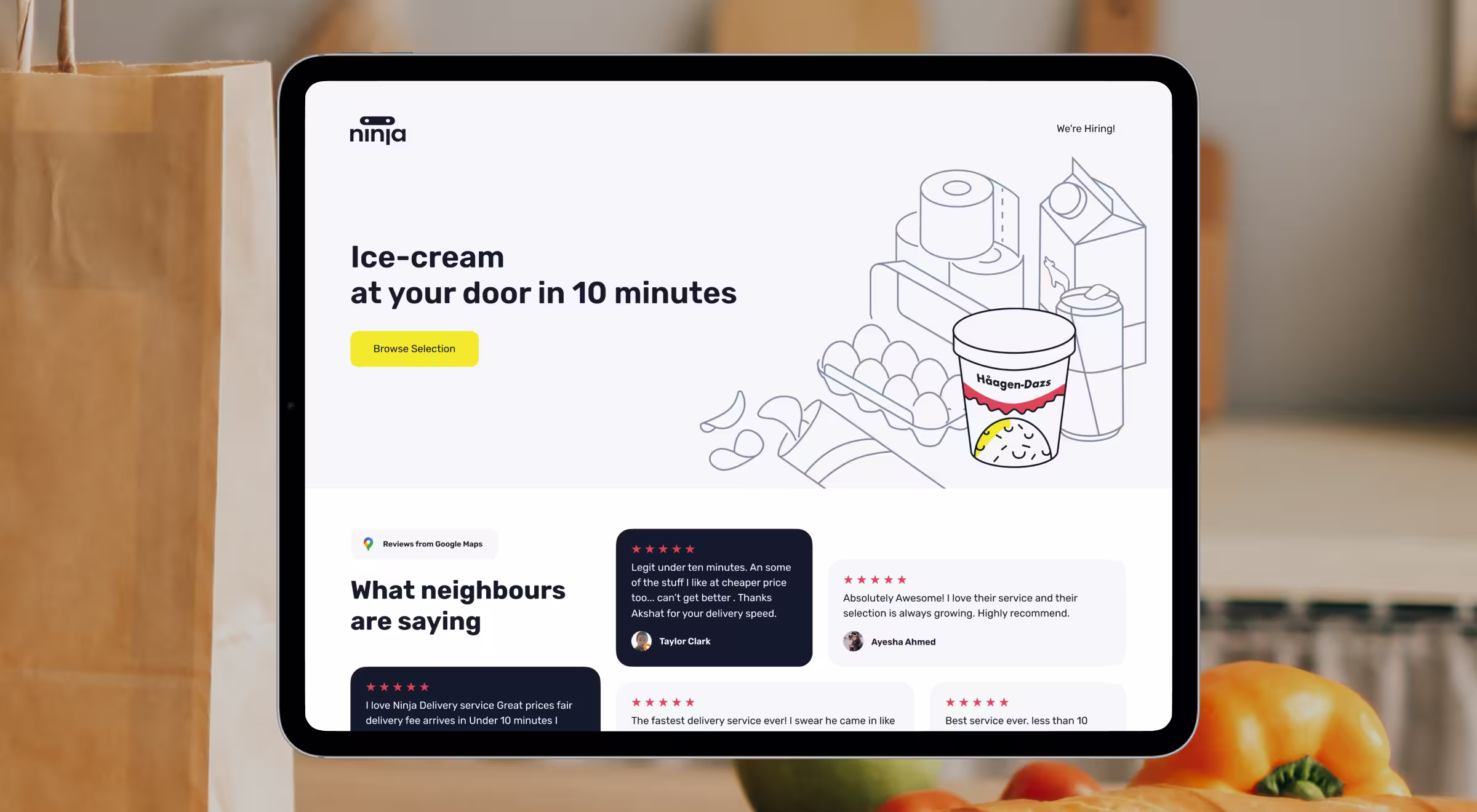 Tablet screen showing Ninja delivery website hero section with headline ‘Ice-cream at your door in 10 minutes’ and customer reviews — fast grocery delivery web design by Lazarev.agency