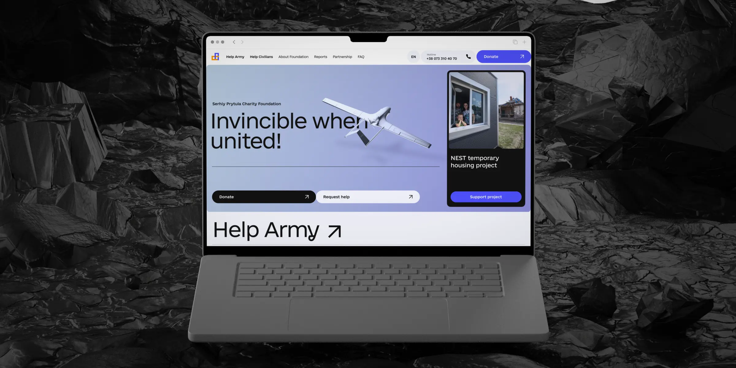 A laptop showing the website of the Prytula Charity Foundation