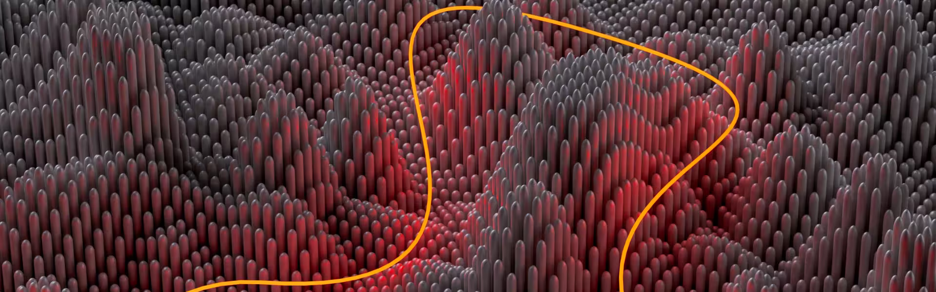 Abstract 3D visualization of metallic rods with glowing red light and dynamic orange line, symbolizing AI data flow and generative design by Lazarev.agency