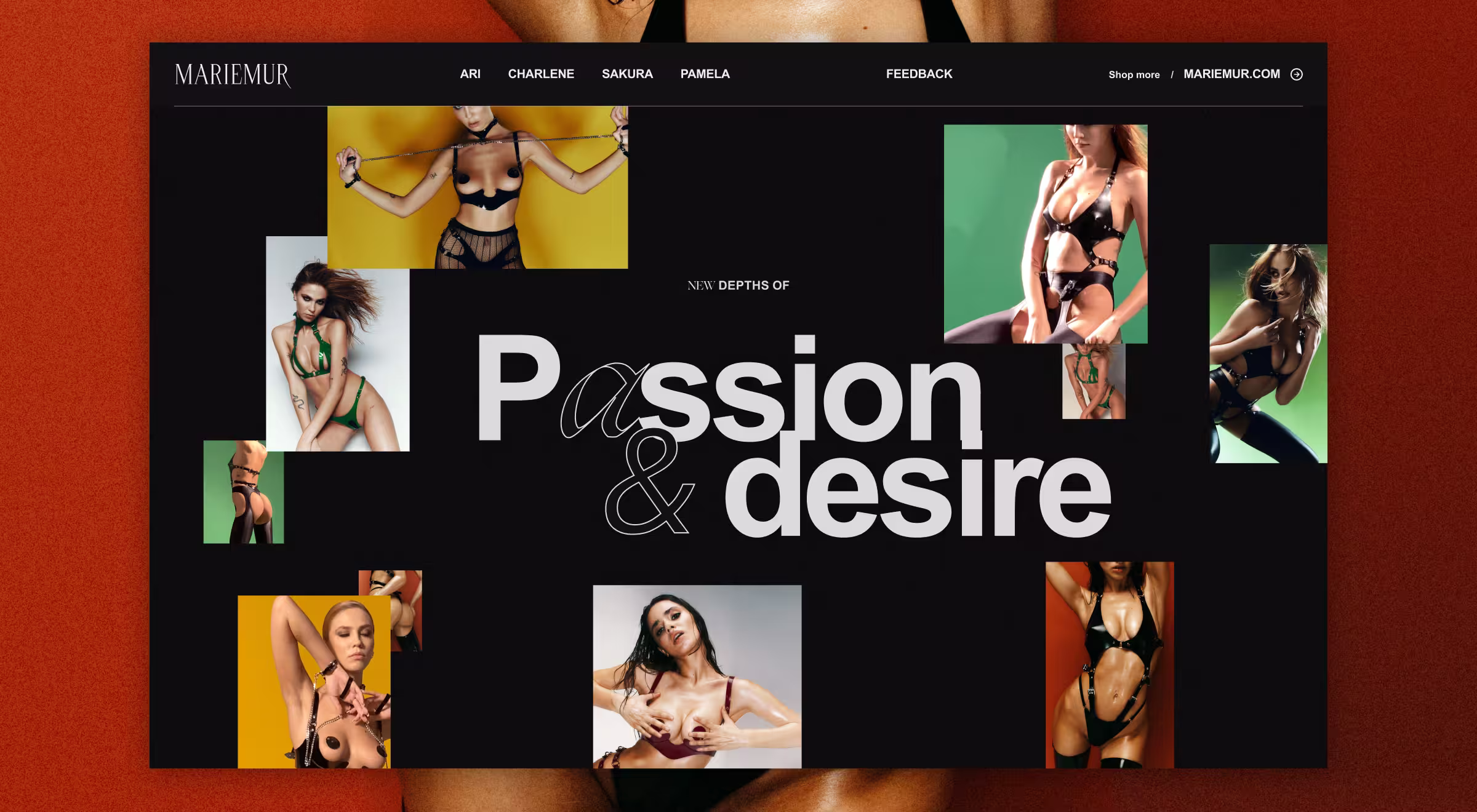 Homepage design concept for Mariemur lingerie brand showcasing models in sensual black and green lingerie against bold color backdrops, with the headline “Passion & desire” representing luxury erotic fashion and modern web design aesthetics