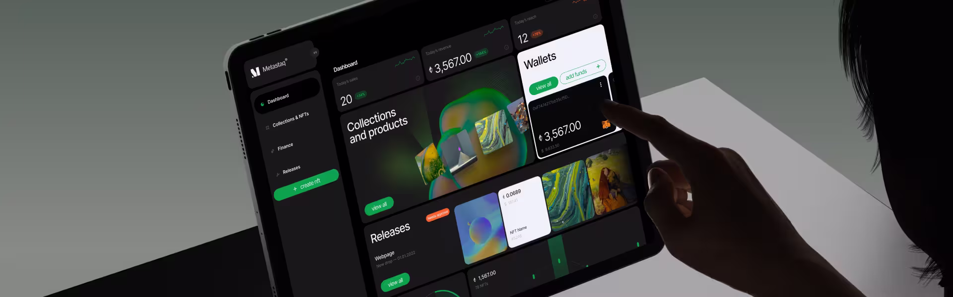 Person interacting with a futuristic dark-mode NFT dashboard on a tablet, featuring wallet balance, digital art collections, and performance analytics — representing modern fintech and Web3 interface design